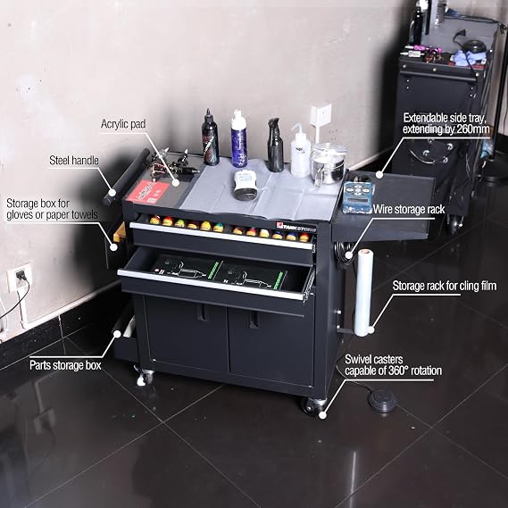 Rolling Tattoo Workstation Cart, 2-Drawer Lockable Utility Cart with Wheels, Metal Rolling Tool Chest with Cabinet & Side Trays, Mobile Workbench for Tattoo Studio, Salon, Garage, Workshop
