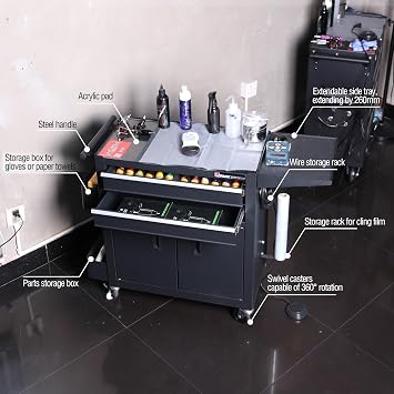 Rolling Tattoo Workstation Cart, 2-Drawer Lockable Utility Cart with Wheels, Metal Rolling Tool Chest with Cabinet & Side Trays, Mobile Workbench for Tattoo Studio, Salon, Garage, Workshop
