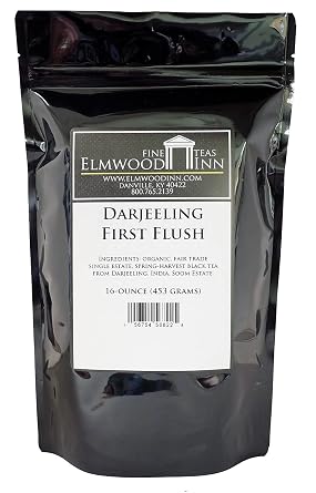 Elmwood Inn Fine Teas, Darjeeling First Flush SFTGFOP Organic Fair Trade Black Tea, 16-Ounce Pouch