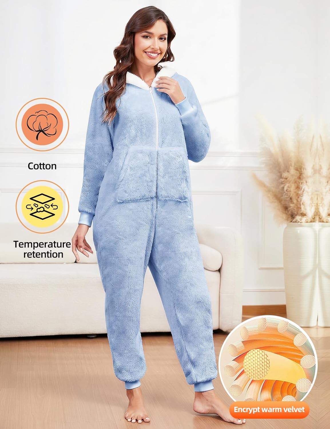 Gihuo Women's Fuzzy Onesie Warm Fleece Hooded Pajamas Winter Jumpsuit Loungewear