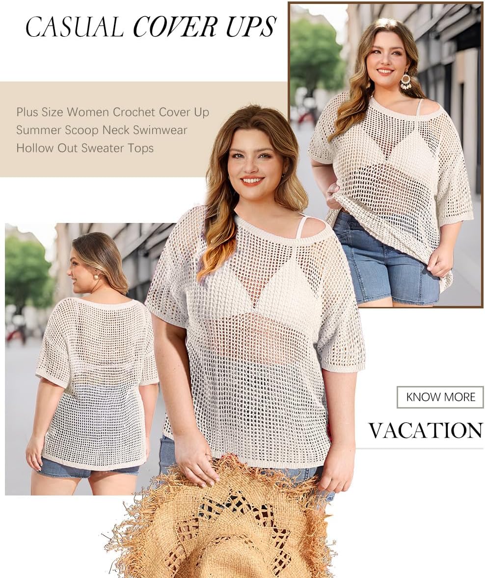 RITERA Plus Size Women Crochet Cover Up Summer Scoop Neck Swimwear Hollow Out Sweater Tops Vacation Beach Shirts XL-5XL - Image 5