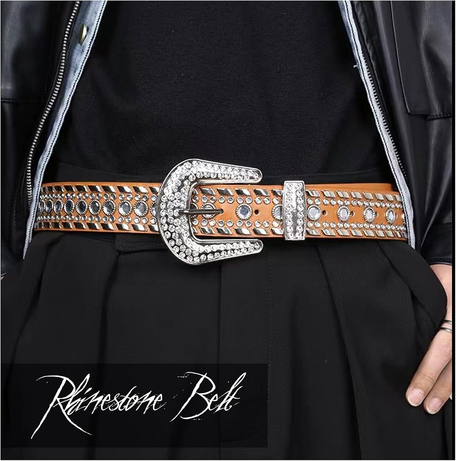 Rhinestone Leather Belt Western Cowgirl Cowboy Bling Studded Leather Belt Large Buckle Vintage Belt For Jeans Dress