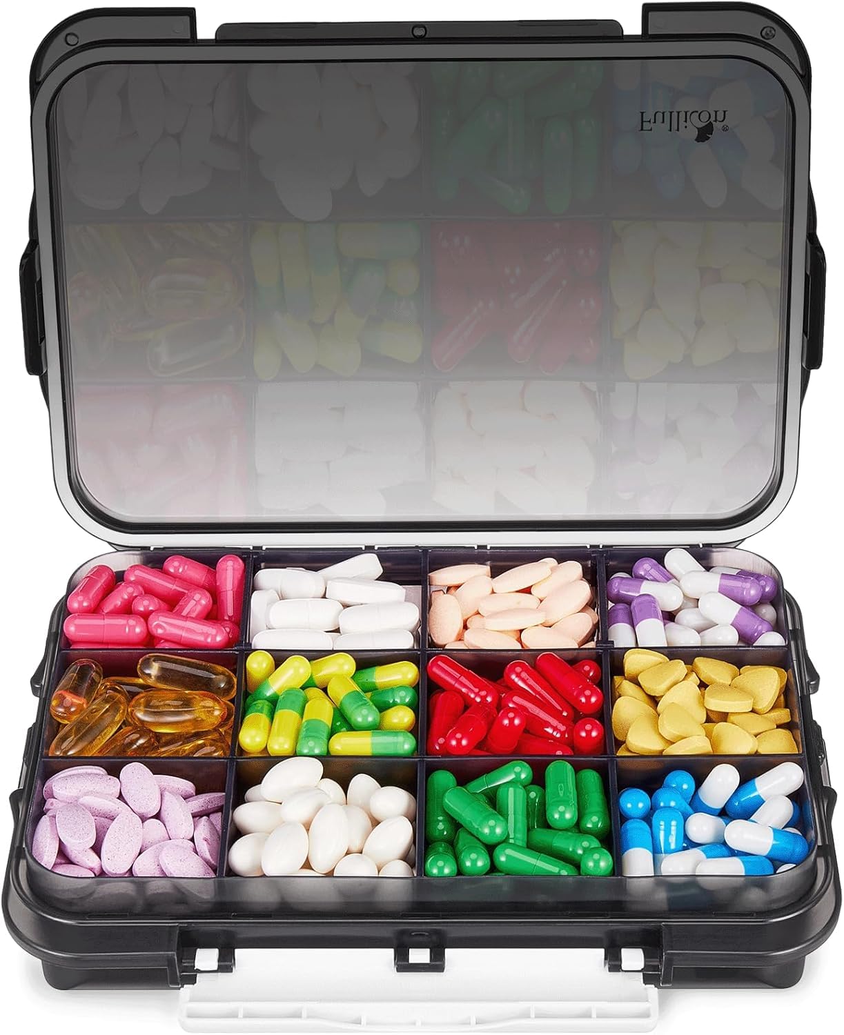 Fullicon Extra Large Pill Box Organiser with 12 Compartments, Large Travel Pill Box for Supplement with 3 Secured Buckles, Daily Moisture Proof Vitamin Box with Removable Dividers (Black)