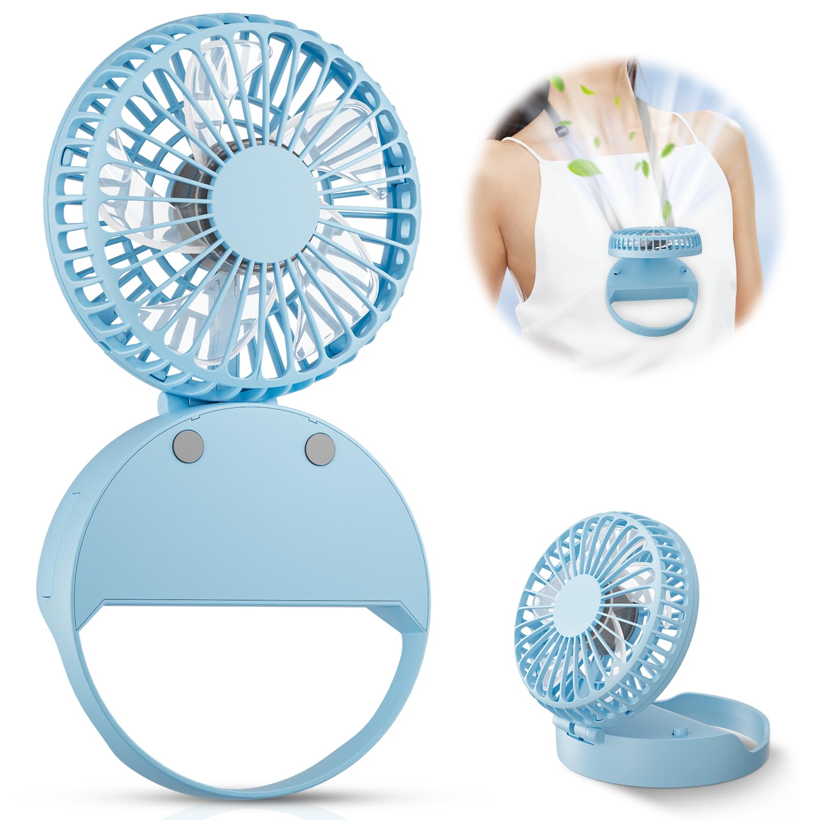 HandFan Handheld Rechargeable Fan Portable, Hands Free Neck Fan, Battery Operated Hand Fan [3-10 Working Hours] with 180° Foldable, Auto Off On Feature for Women,Travel,Outdoor(Sky Blue)