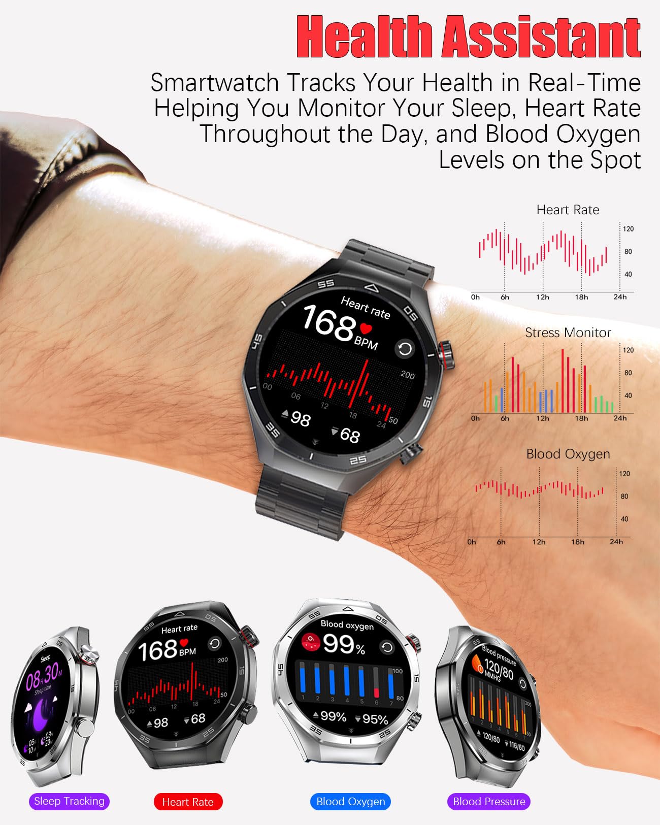 Montre intelligente homme Traqueur fitness Bluetooth Étanche IP67 Écran tactile HD 1,54" Fréquence cardiaque/pression artérielle