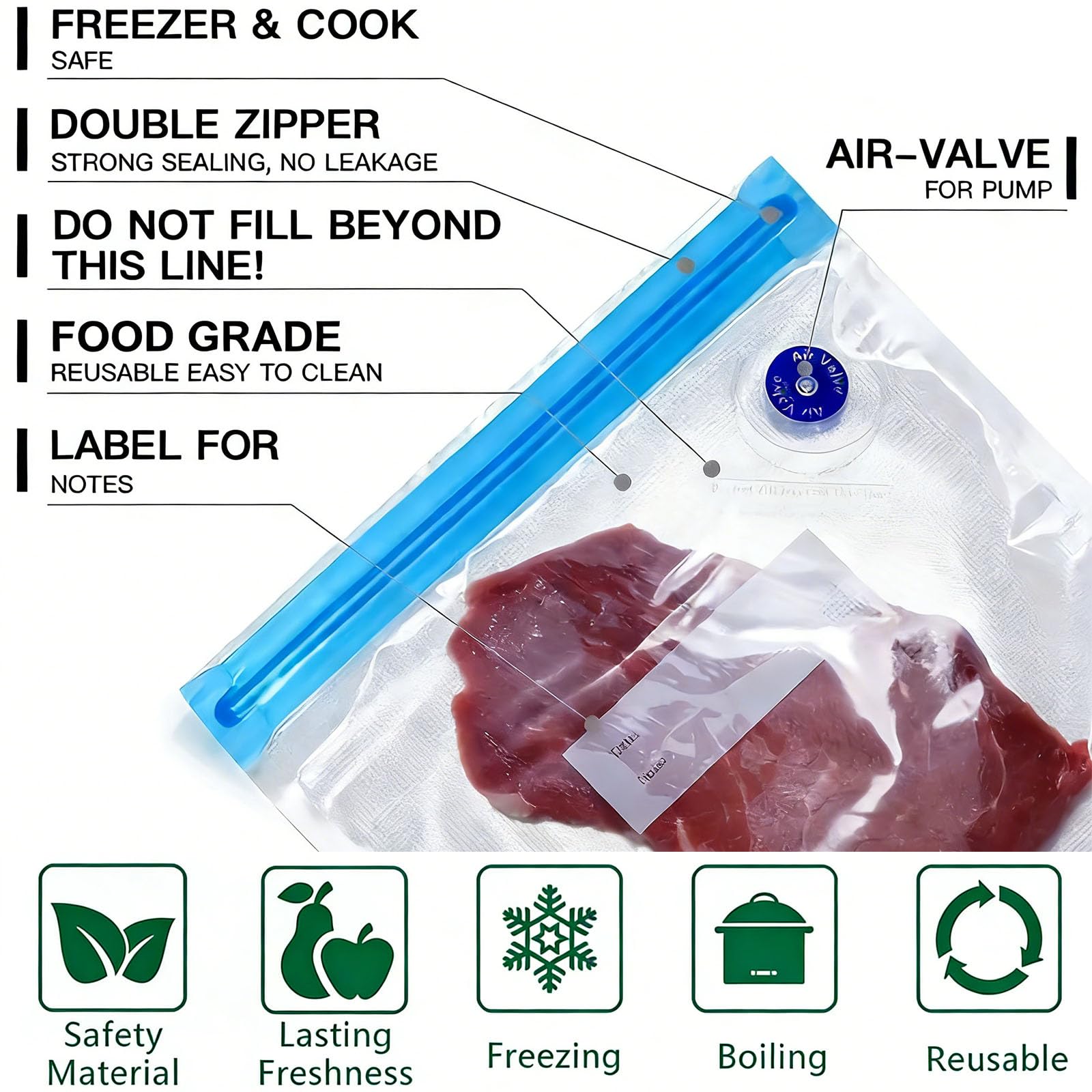 MOMODA Sous Vide - Juego de 30 bolsas de sellado al vacío reutilizables sin BPA con válvula de aire para cocinas Joule y Anova, bolsas de almacenamiento de alimentos al vacío seguras para congelador