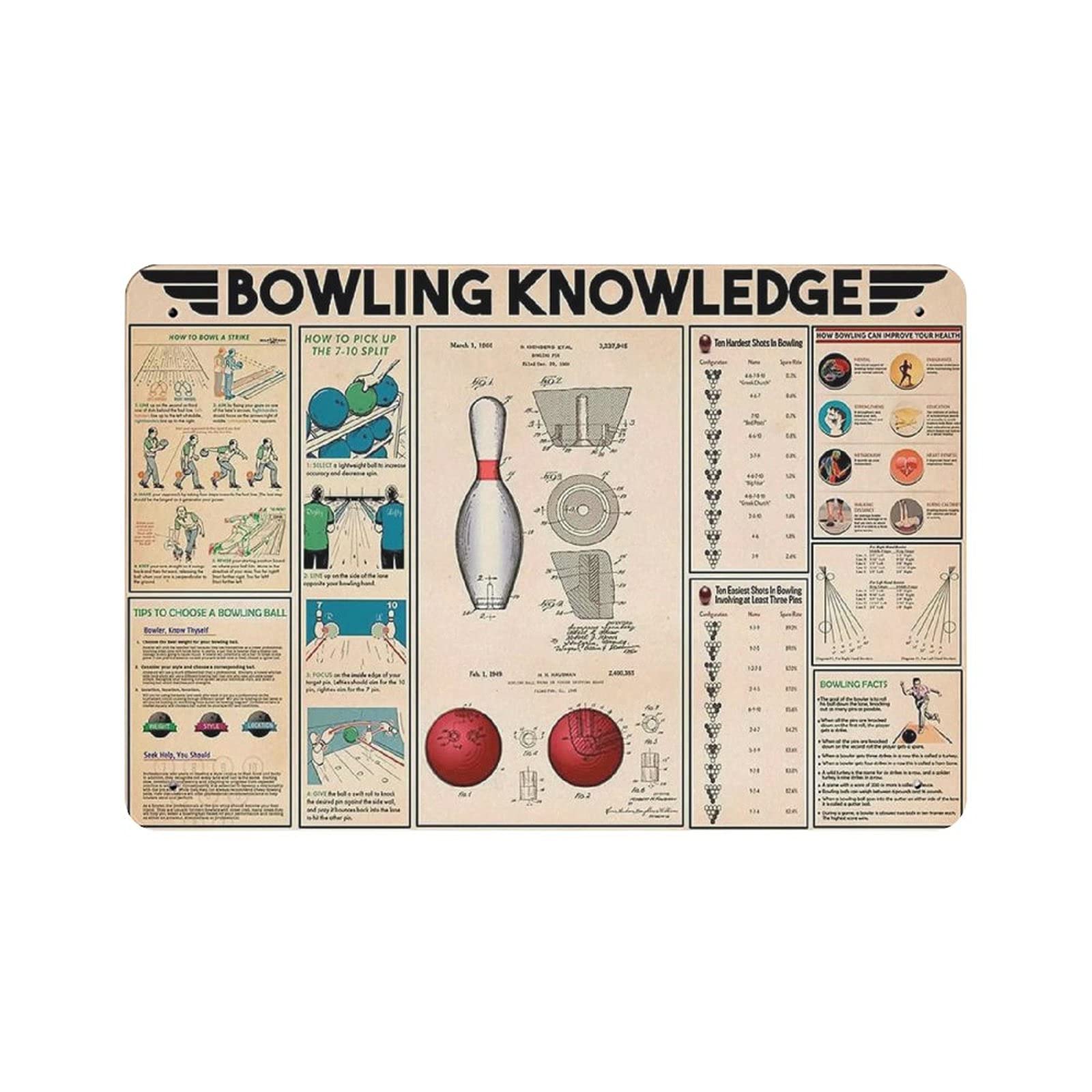 Metal Tin Sign Bowling Knowledge Vintage Tin Poster Metal Sign Wall Decoration Country Kitchen Home Garage Decor 8"x12"