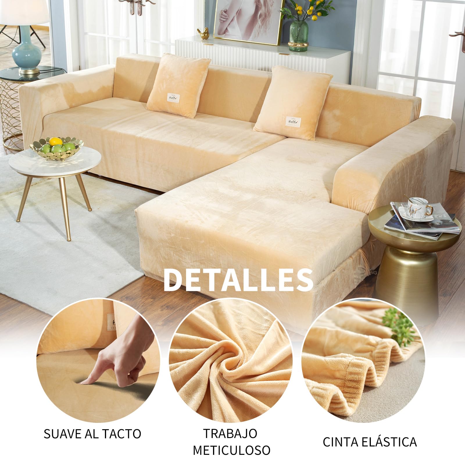Funda Sofa Chaise Long, 2 Piezas, Antideslizante Elástico Funda de Sofá para Sala Protector para Perros Mascotas (1 Plaza, Beige)