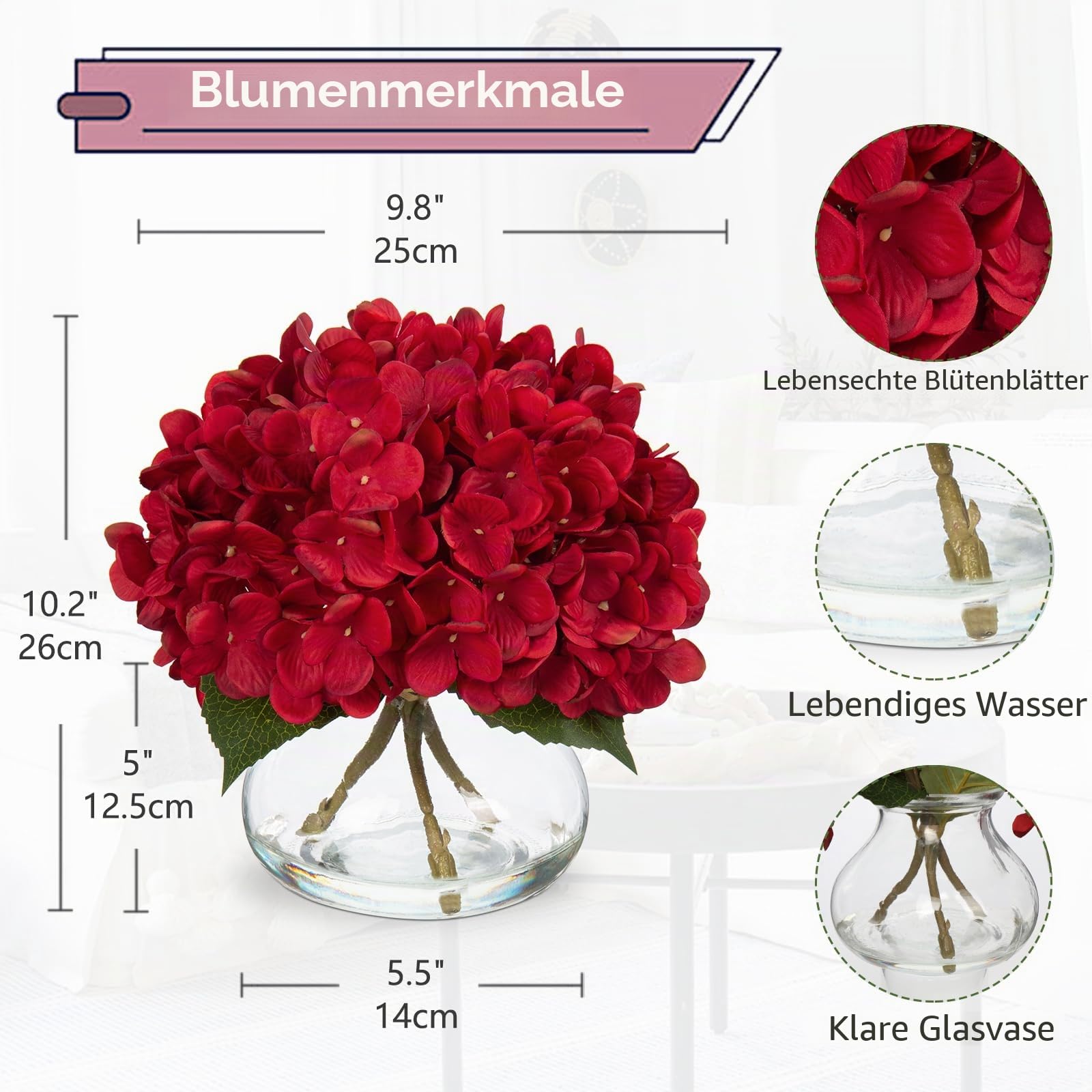 Oairse Kunstblumen Hortensien in Glasvase Künstliche Hortensienblüten | 3D-Druck Real Touch Künstliche Blumen wie echte Hortensien für Hochzeit, Zuhause, Hotel, Party, Blumenarrangement