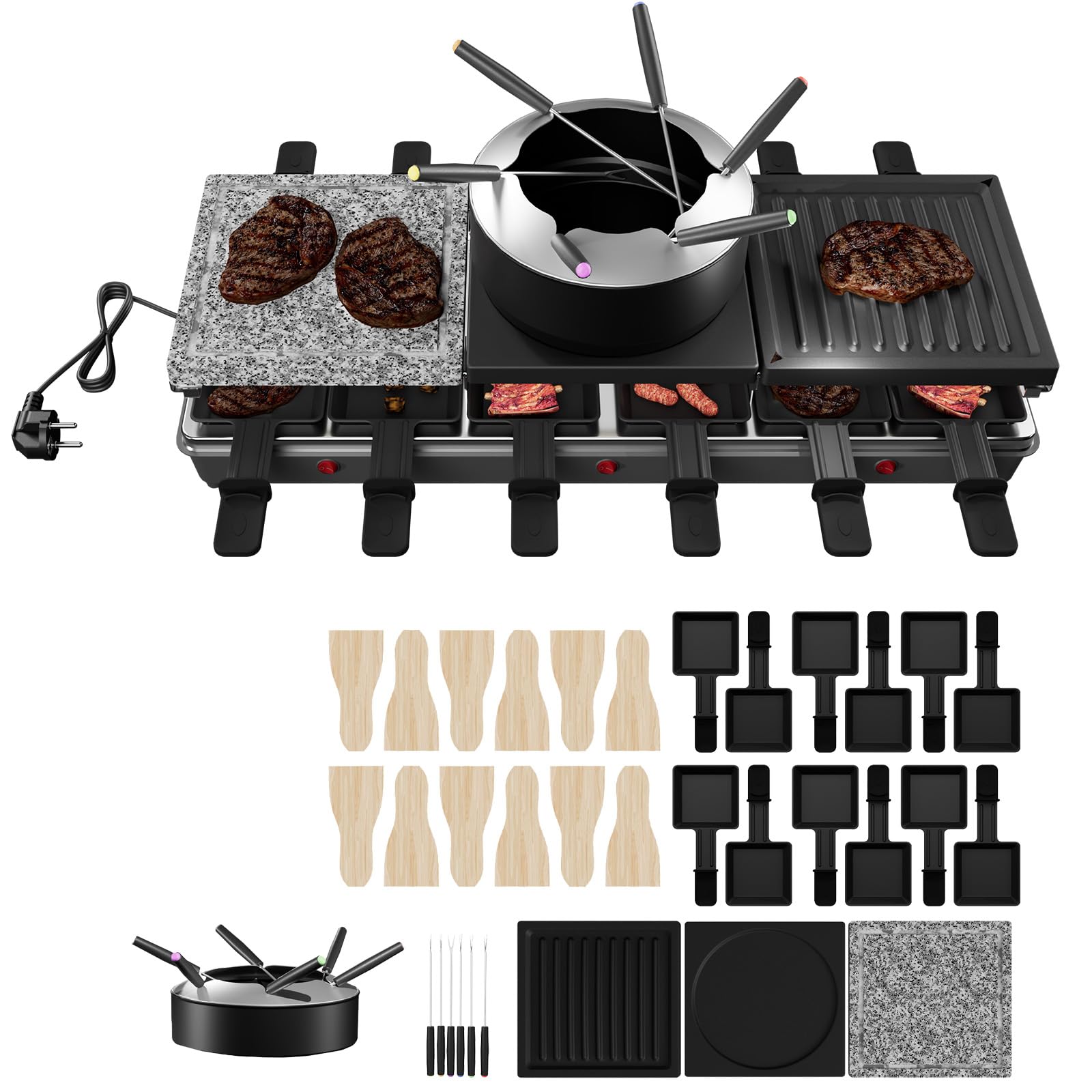 LZQ Raclette Grill mit Fondue für 12 Personen, 1650W, Doppel- und Dreifach-Heizstufen, Naturgrillstein & Antihaft-Grillplatte, Tischgrill mit 12 Pfännchen, Fondue-Set, Elektrischer Partygrill