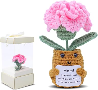 Mothers Day Decor Artificial Carnation Flowers Handmade Crochet Flower Bouquet Cute Knitted Flower Bouquet Kit Crochet Plant Potted Artificial Carnations Gift Box Pink, 1pcs