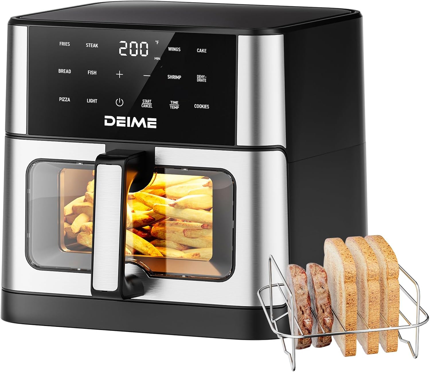 DEIME Air Fryer 10.2 QT, 1700W Large Capacity with 10 Preset, Visual Cooking Window, Non-Stick Basket, Recipe Included (Silver+TR)
