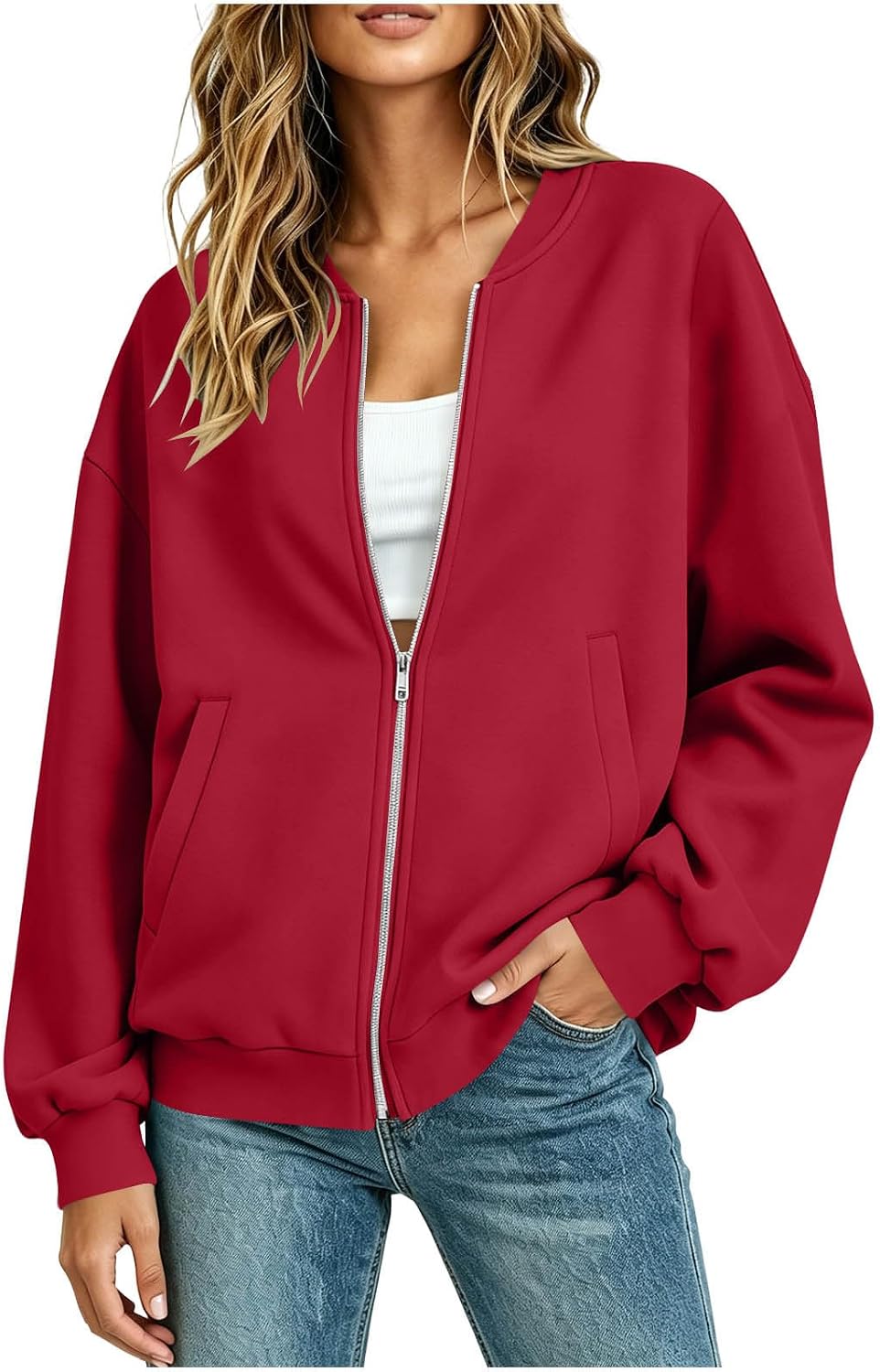 Womens Zip Up Sweatshirts Jackets Long Sleeve Casual Loose Fit Outwear with Pockets Fall Fashion Solid Color Coat
