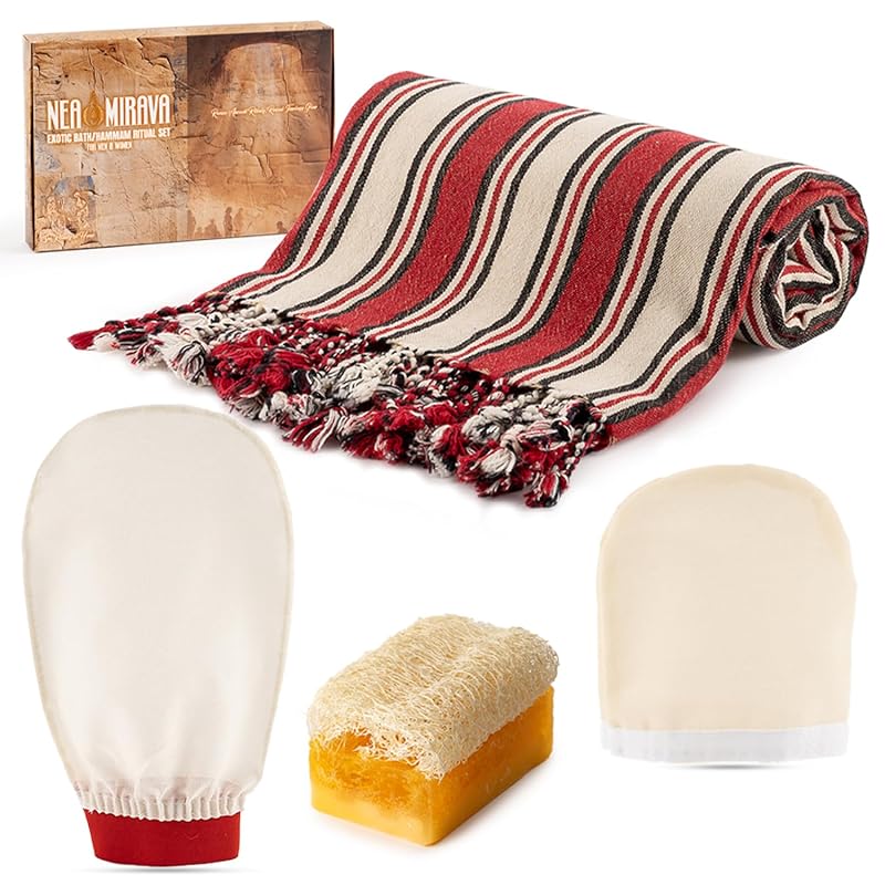 Conjunto para Banho Hammam NEA MIRAVA com Luva Kessa, Toalha Peshtemal e Sabonete de Bucha com Leite de Jumenta