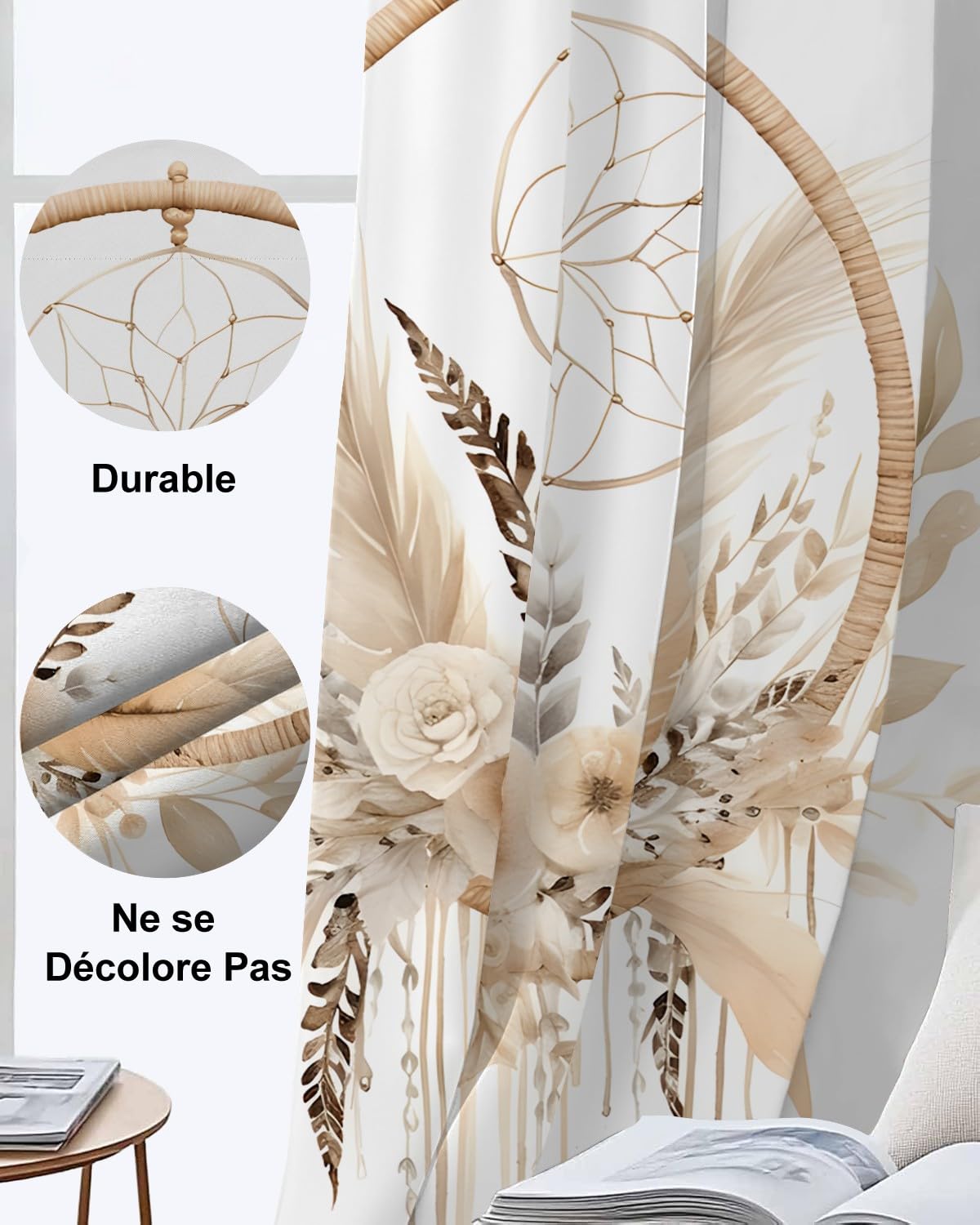 Rideau Occultant Motif Fleurs Brunes, Rideaux Blanc Marron 2 Pièces L 100 x H 240, Thermique Anti UV Tenture Opaque à Oeillets Bohême Decoration Chambre Maison Salon Intérieurs, A105