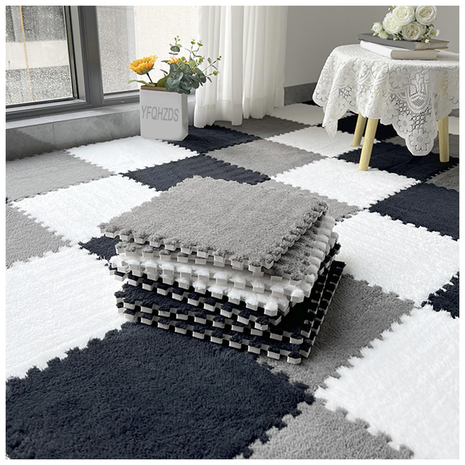 Genérico 57 Cuadrados de Alfombra entrelazados y esponjosos - Baldosas de Espuma EVA de Felpa para guardería, Gimnasio y Sala de Juegos - Tapetes Suaves en Gris, Negro y Rosa - Los niños juegan segur