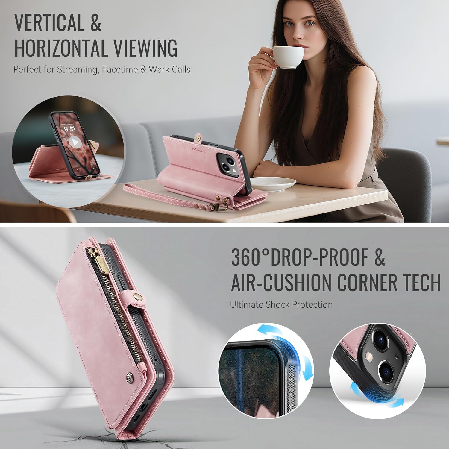 Defencase for iPhone 11 Magnetic Wallet Case Compatible with Magsafe with RFID Blocking Zipper & Card Holder for Women Men, PU Leather Strap Detachable Phone Case for iPhone 11 (6.1 inch), Rose Pink