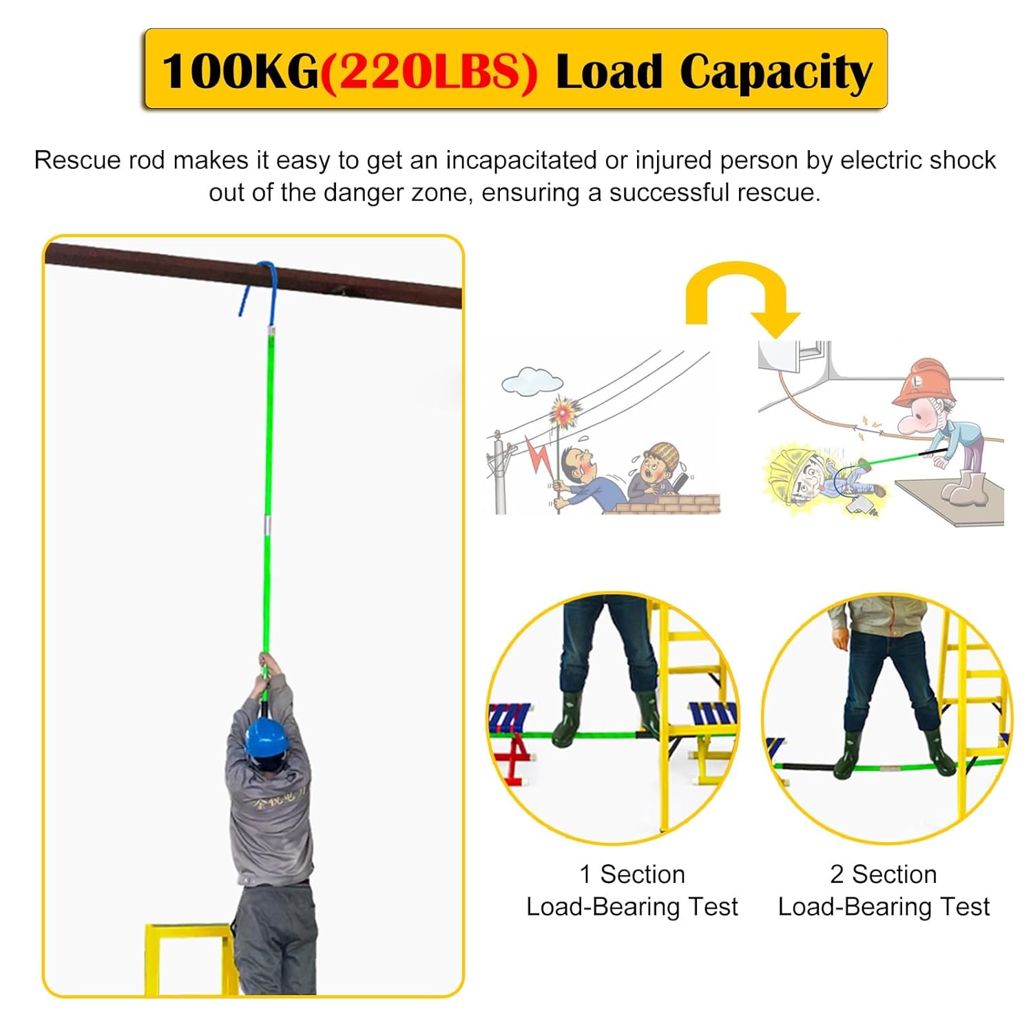 High Voltage Insulated Pole with 42cm C-Hook - Electrical Tool for Fire Electricians, Electric Vehicles, and Confined Spaces (10kV - 220kV)(Green,59inx 35kv)