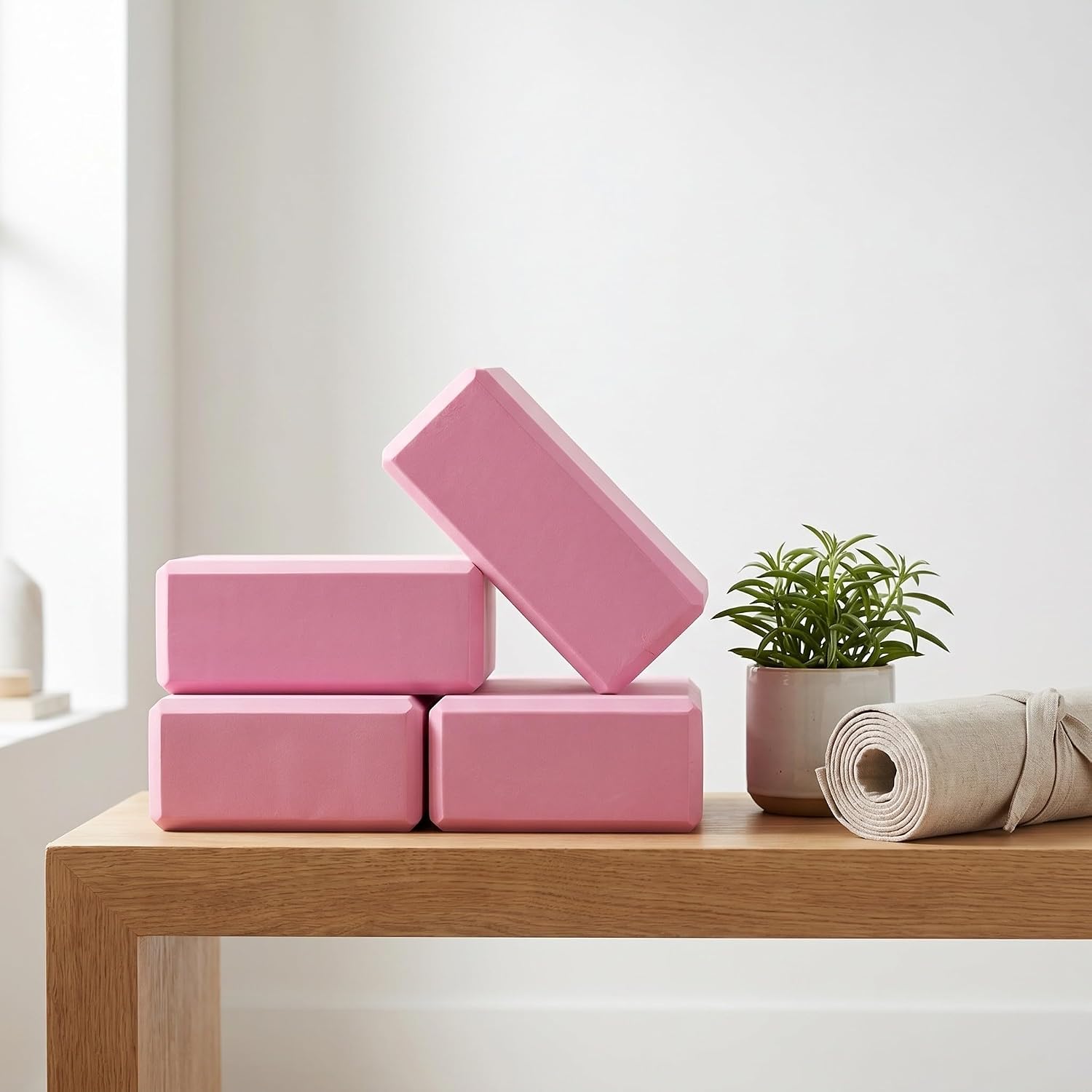 VALICLUD Yoga Blocks Lightweight 4pcs Pink Foam with Beveled Edge Design for Enhanced Stability and Non-slip Grip Eva Yoga Bricks for Flexibility Exercises and Home Practice