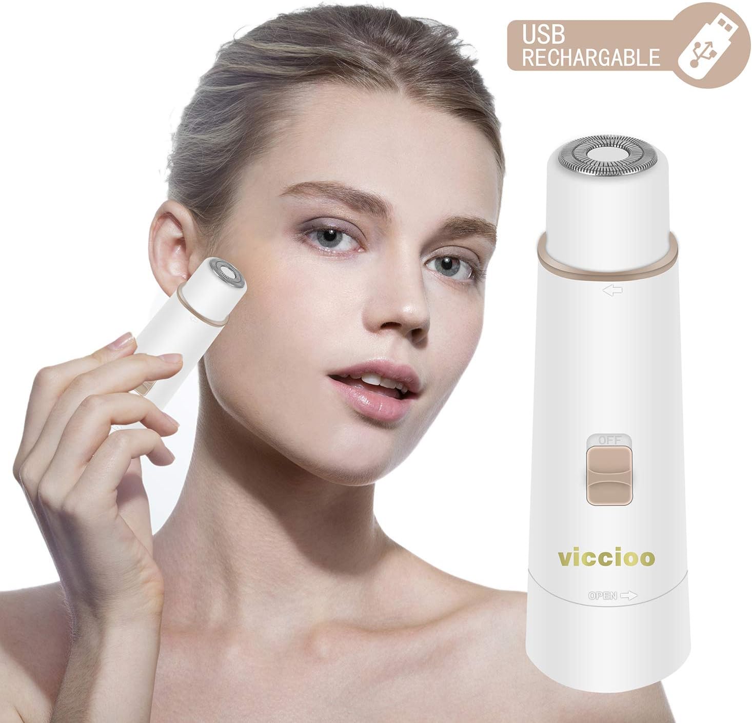 Viccioo Facial Shaver for Women, Waterproof USB Rechargable Painless Hair Remover Electric Shaver (White)