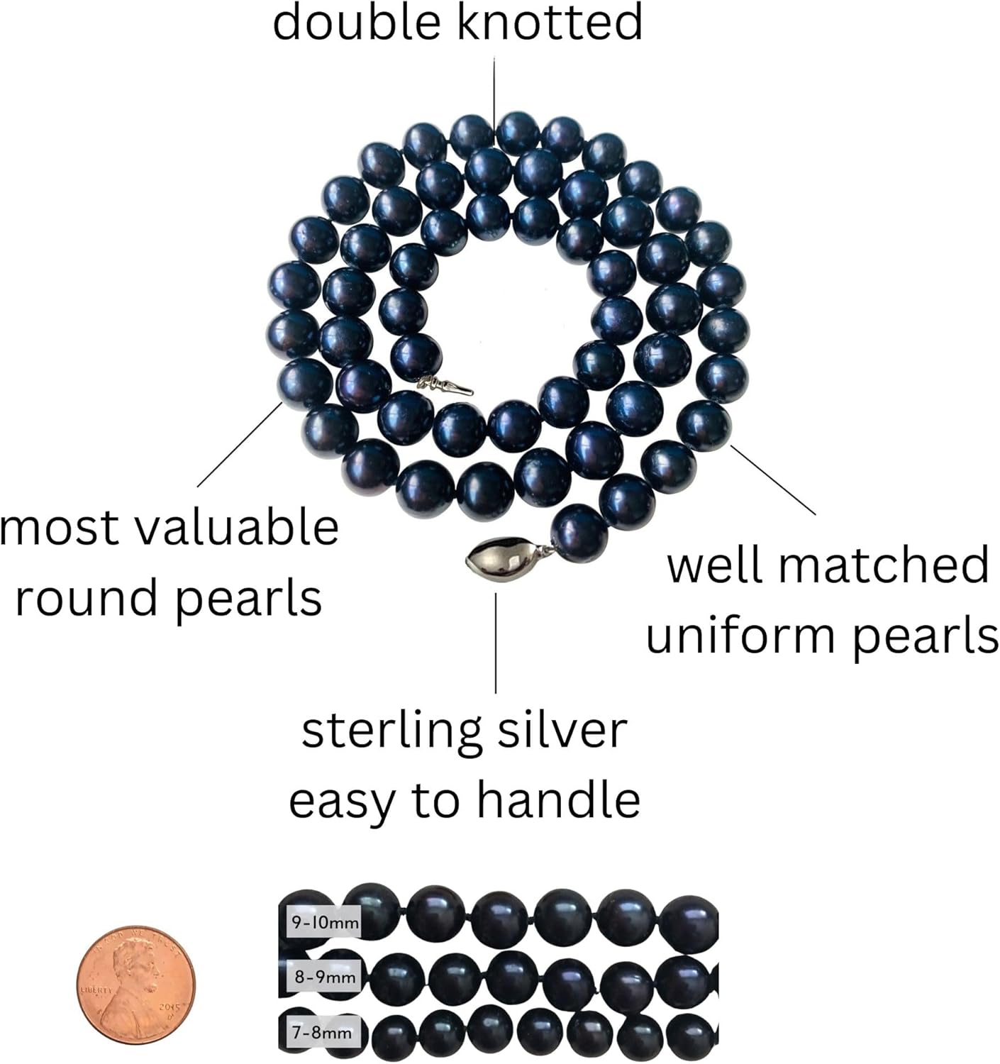 II ROUND PEARL II Real Black Pearl Necklace for Women Pearl Jewelry for Men Sterling Silver Genuine Cultured Freshwater Wedding Anniversary Birthday Gift Strand