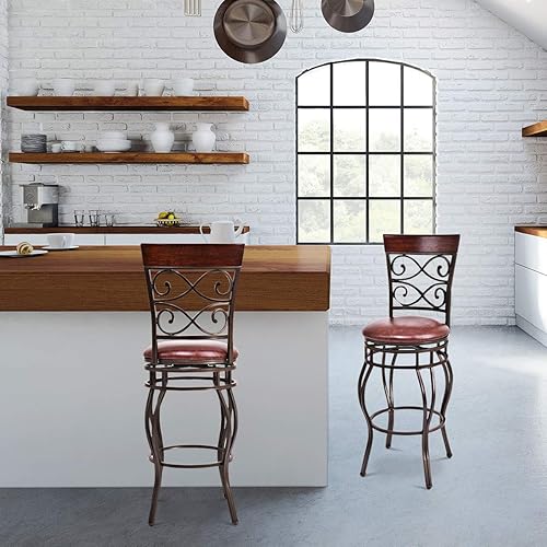 Miniatura 2 de GLACER Juego de 2 taburetes de bar, estilo retro, de altura de barra giratoria de 360 grados con asiento acolchado de cuero, cómoda silla de metal