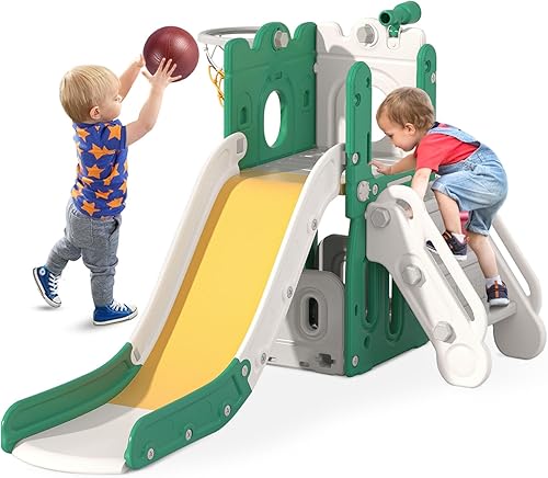 Miniatura 17 de BIERUM 7 in 1 Toddler Slide, L-Shaped Baby Slide for Toddlers Age 1-3 with Basketball Hoop, Ring Toss, Storage Space, Outdoor Indoor Slide Playset