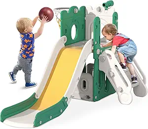 BIERUM 7 in 1 Toddler Slide, L-Shaped Baby Slide for Toddlers Age 1-3 with Basketball Hoop, Ring Toss, Storage Space, Outdoor Indoor Slide Playset Toddler Playground Green Yellow