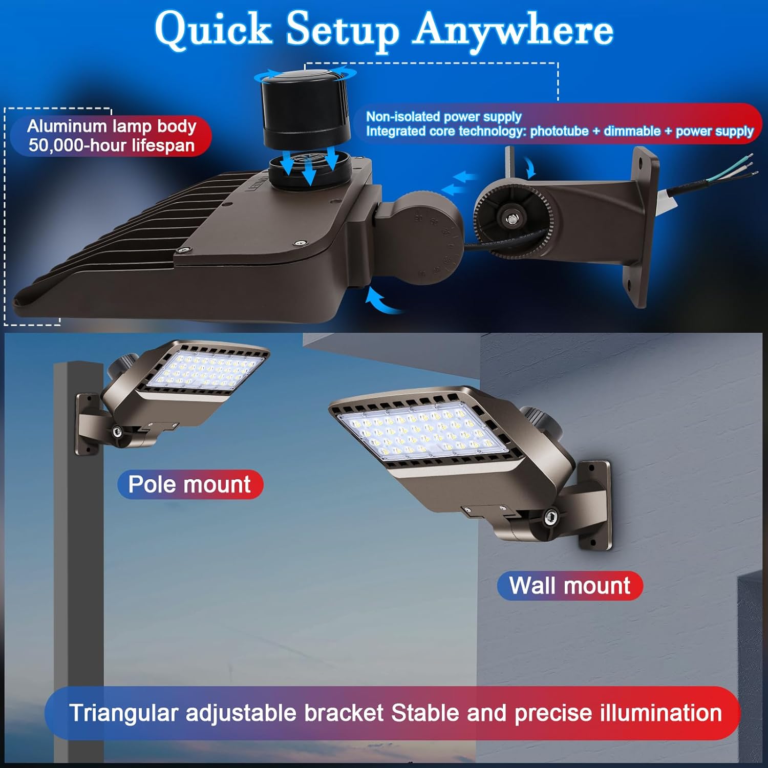 ledmo LED Parking Lot Light 100W/120W/150W, 22500LM Super Bright Dimmable Commercial Outdoor Shoebox Floodlight, 3-in-1 Sensor with Dusk to Dawn Photocell for Stadium IP65 100-277V Wall Arm Mount