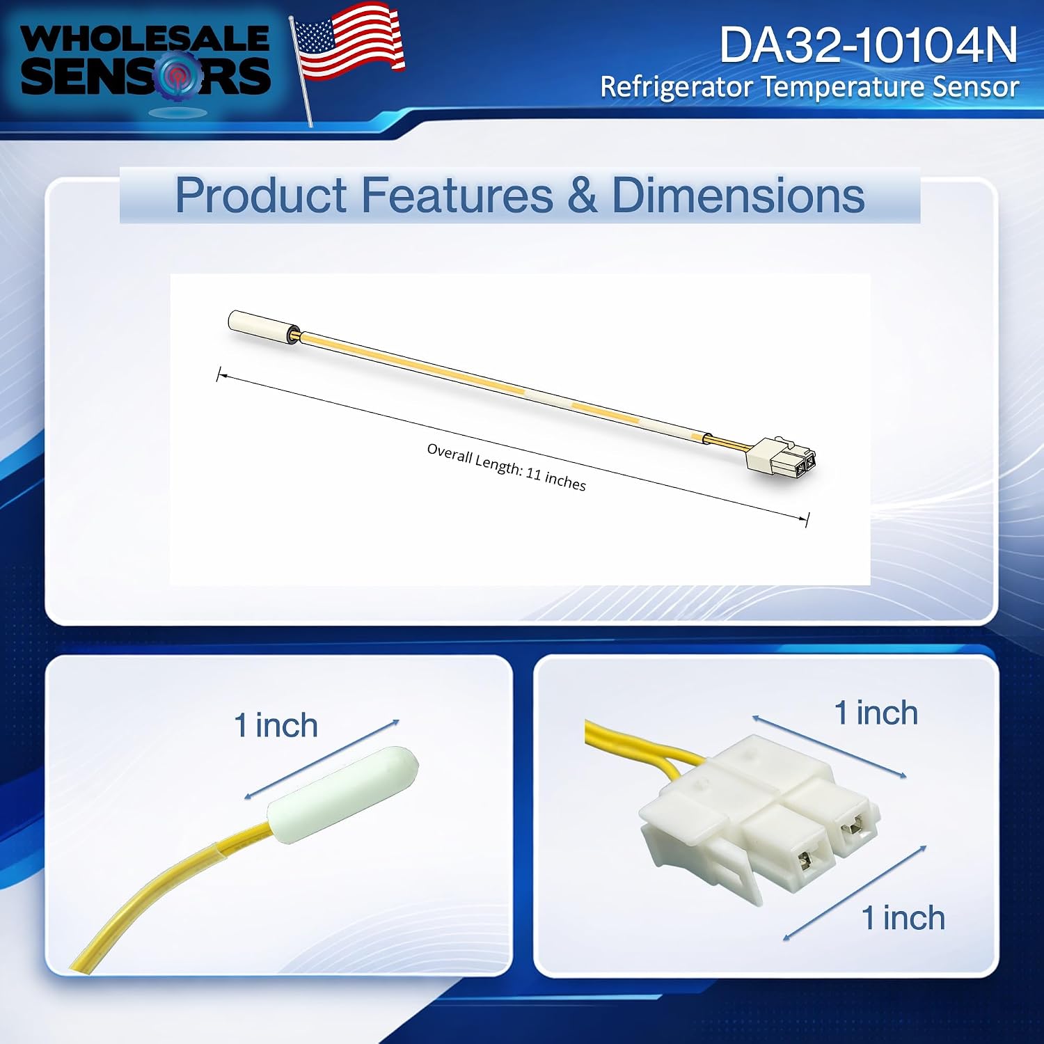 Replacement for Samsung DA32-10104N Refrigerator Temperature Sensor | 24-month warranty, USA support, replaces DA32-10104V, AP4979323, PS4138666, direct drop-in replacement