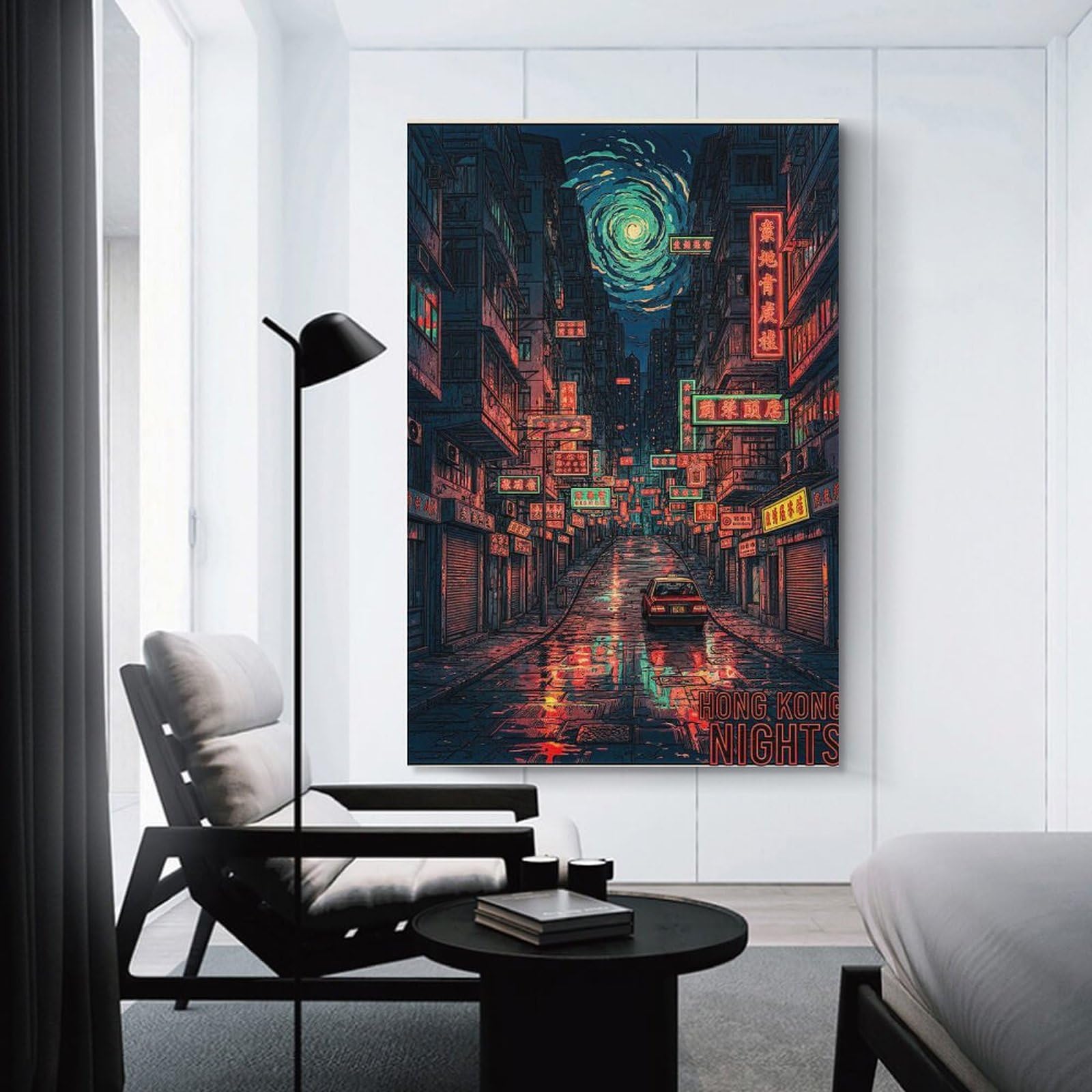 Junmoney Wall Art Print Hong Kong Nights Neon Street Scene, 24x36inch(60x90cm), for Hallway, Bedroom Or Modern Interiors, Thoughtful Wall Decor for Art Lovers