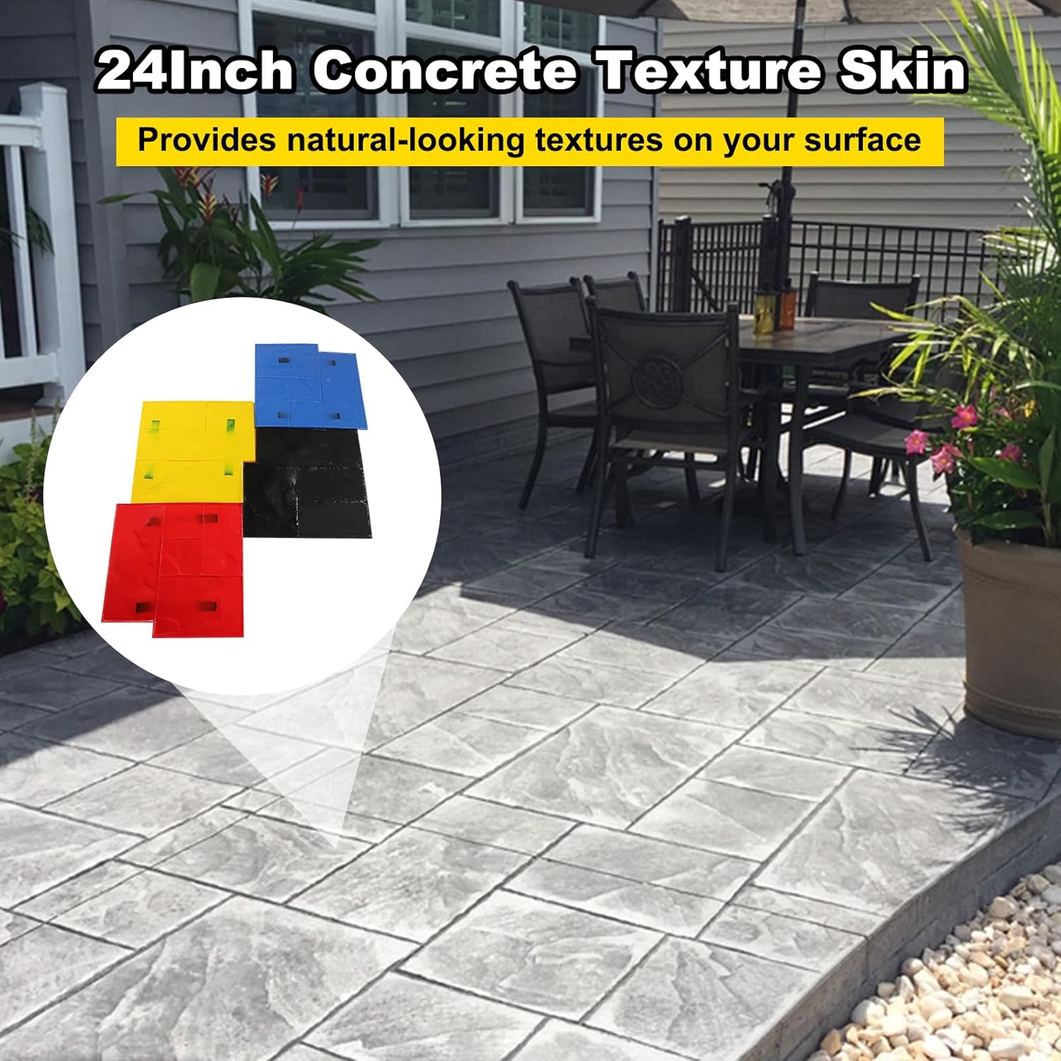 4PCS Concrete Texturing Skin w/Handle, 24"x24" Concrete Stamps Mats Set, Slate Concrete Stamps, Polyurethane Concrete Stamping Mats, Realistic Concrete Texture Mat, Concrete Stamps for Walls/Floors