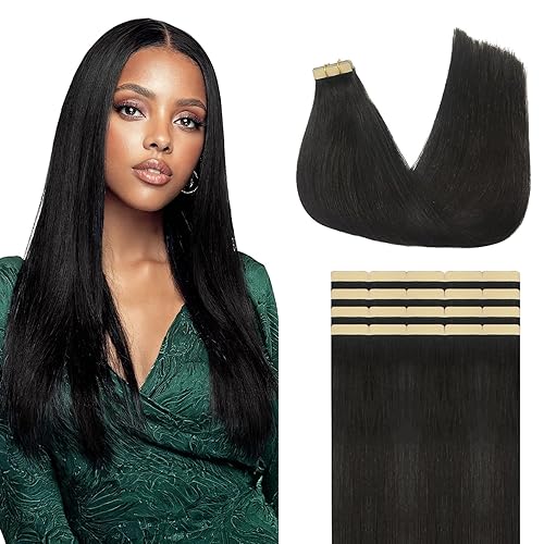 Lashey Extensiones de Cabello Humano con Cinta Adhesiva Negro Natural 100% Remy Cabello Humano Liso Extensiones de Cabello con Cinta Largas de 24
