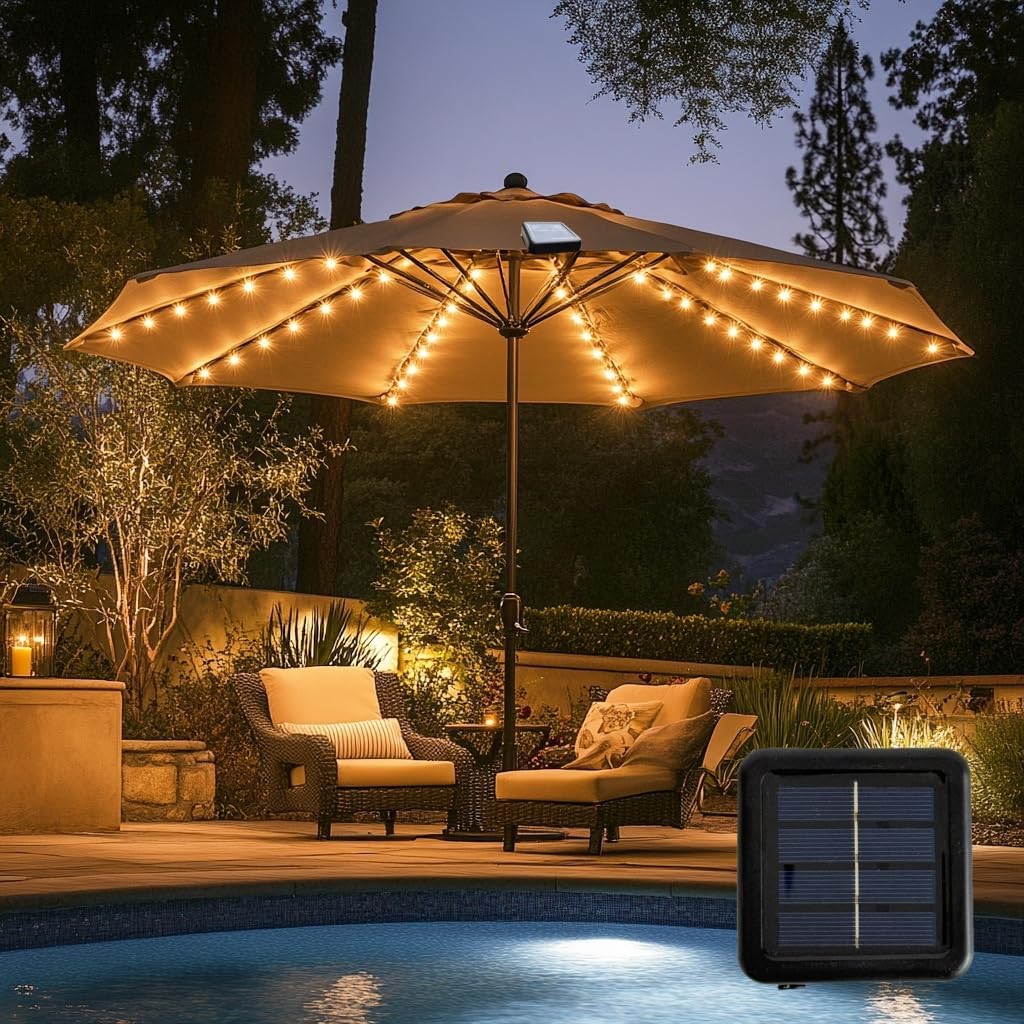 Patio Umbrella Lights 120 LED Cordless Waterproof Lights for Outdoor Umbrella Solar Powered Parasol Ambient Lighting for 7-11 Feet Backyard Pool and Beach Umbrella Décor (Warm White)