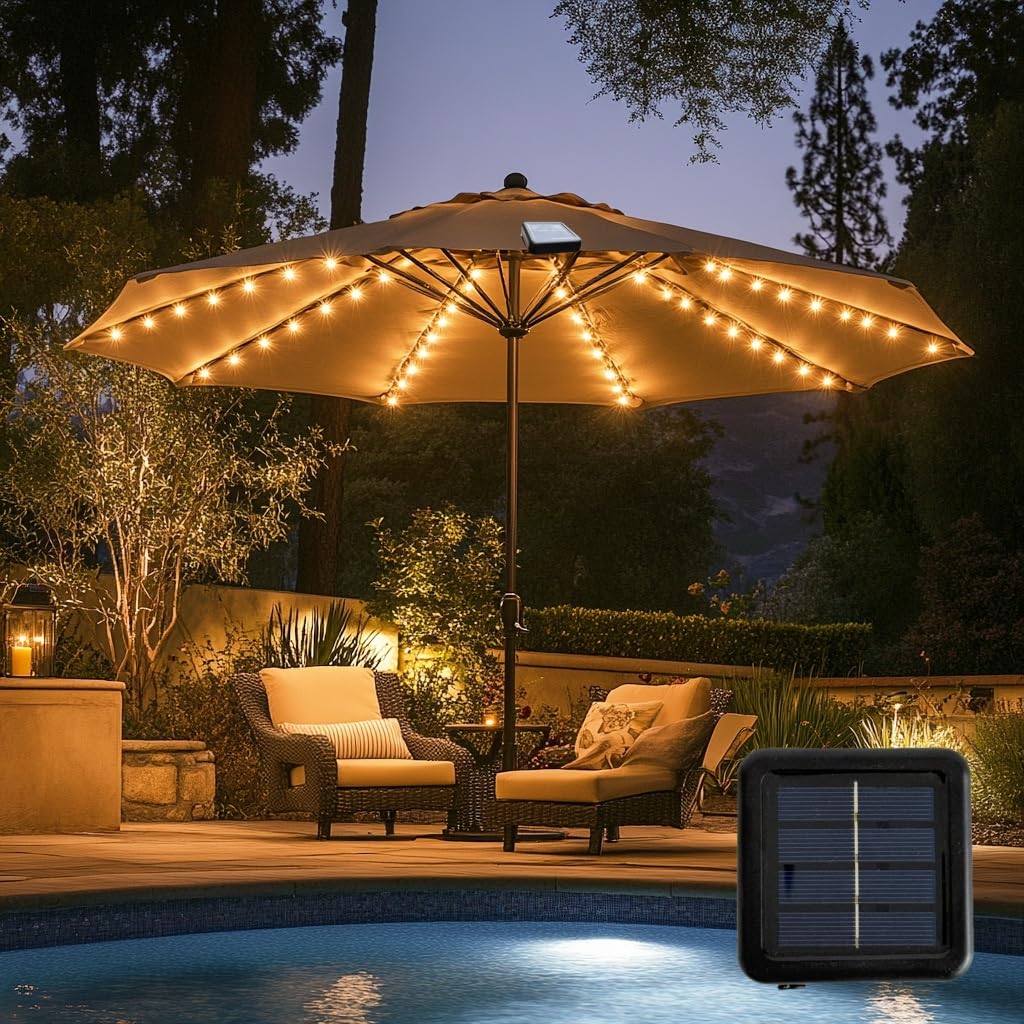 Patio Umbrella Lights 120 LED Cordless Waterproof Lights for Outdoor Umbrella Solar Powered Parasol Ambient Lighting for 7-11 Feet Backyard Pool and Beach Umbrella Décor (Warm White)