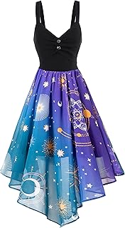 Women's Vintage Chiffon Sun Moon Star Sleeveless A-Line High Low Dress