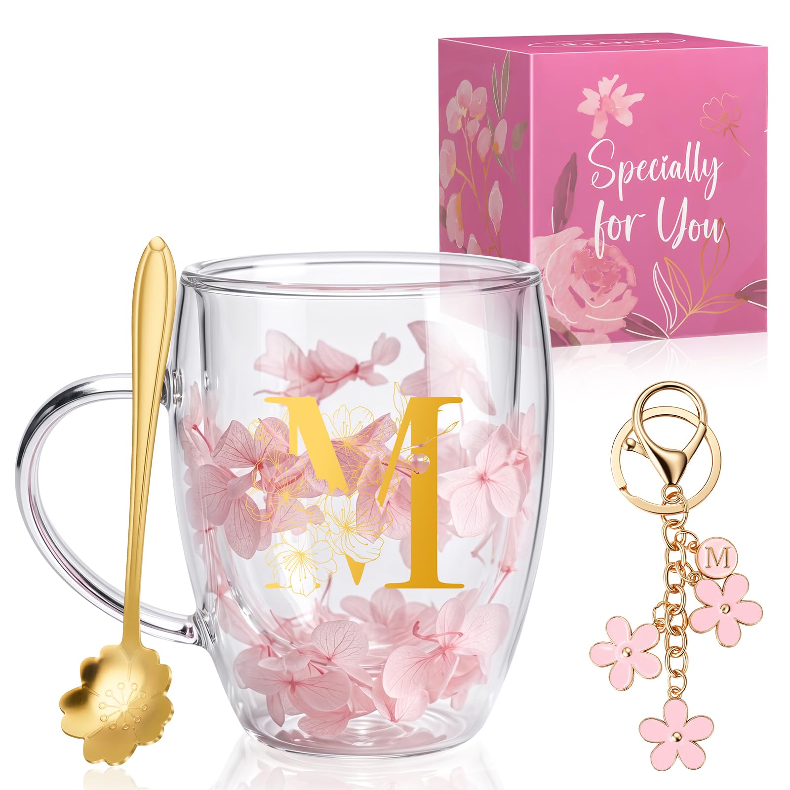 AOOTE Dried Flowers Double Wall Glass, 350ML Dried Flowers Tea Cups with Handle and Spoon, Flower Keychain, Gifts for Women Glass Coffee Mug for Christmas Valentines Day Mothers Day