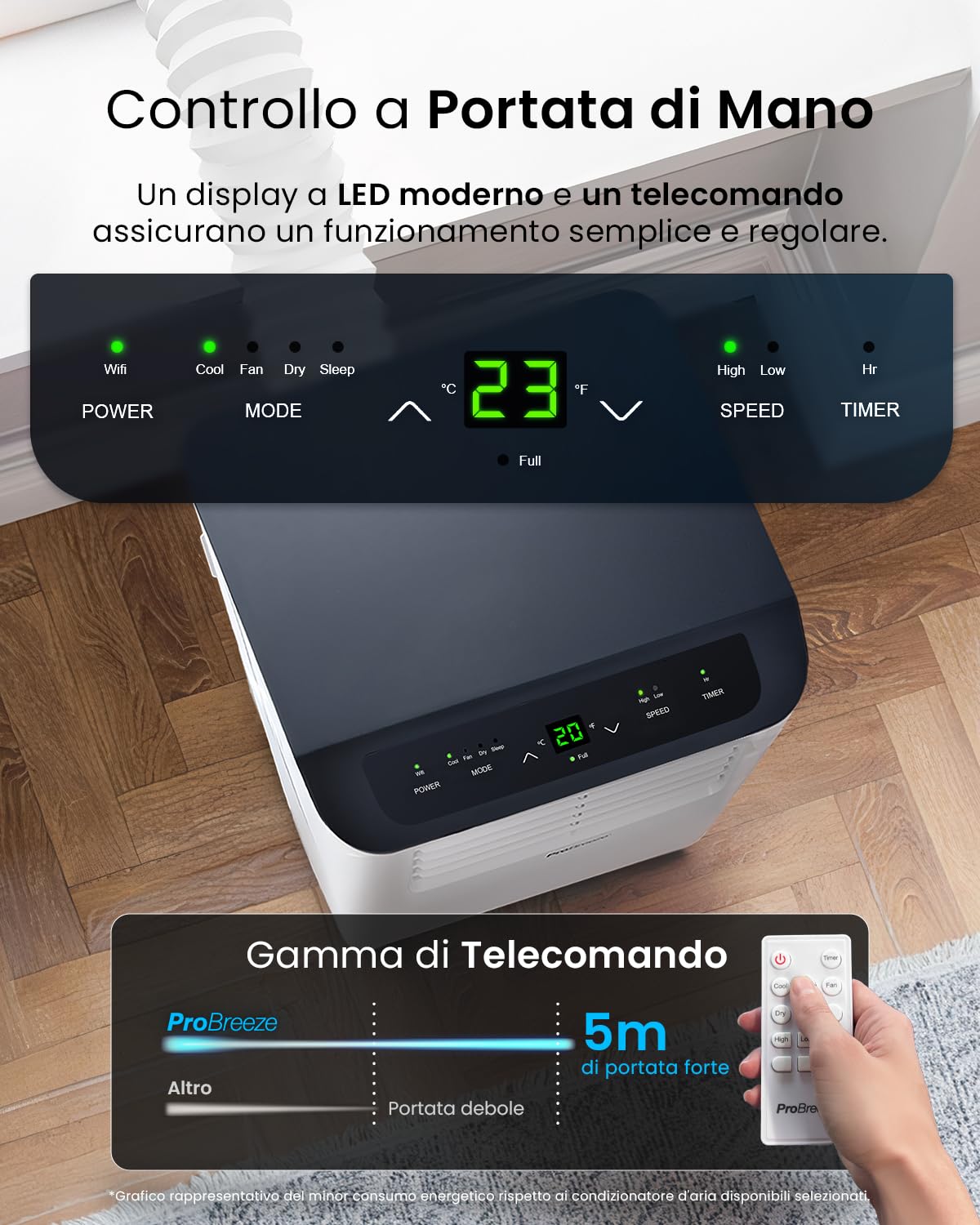 Pro Breeze Condizionatore portatile 9000 BTU 4 in 1. Con telecomando, timer 24 ore e kit di ventilazione per finestre inclusi. Con classe A di efficienza energetica