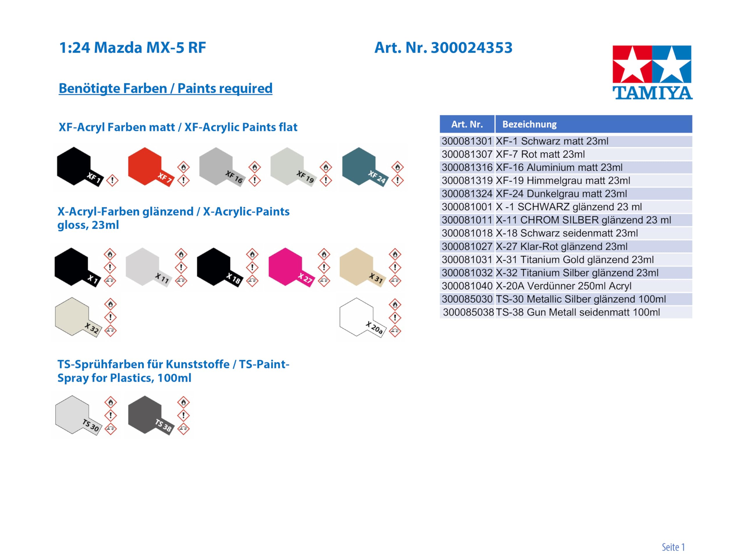 TAMIYA 24353 Mazda veicolo 1:24 MX-5 RF, riproduzione fedele all'originale, modellismo, kit di costruzione in plastica, fai da te, hobby, incollaggio, modellismo, assemblaggio, non verniciato, bianco