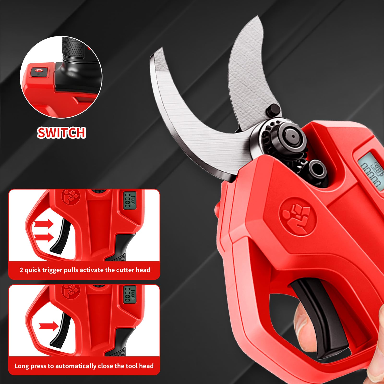Tijeras de podar con batería, compatible con batería Milwaukee M 18 V (sin batería), tijeras de podar sin escobillas con 2 velocidades, pantalla digital, diámetro de corte de 30 mm, cuchillas de