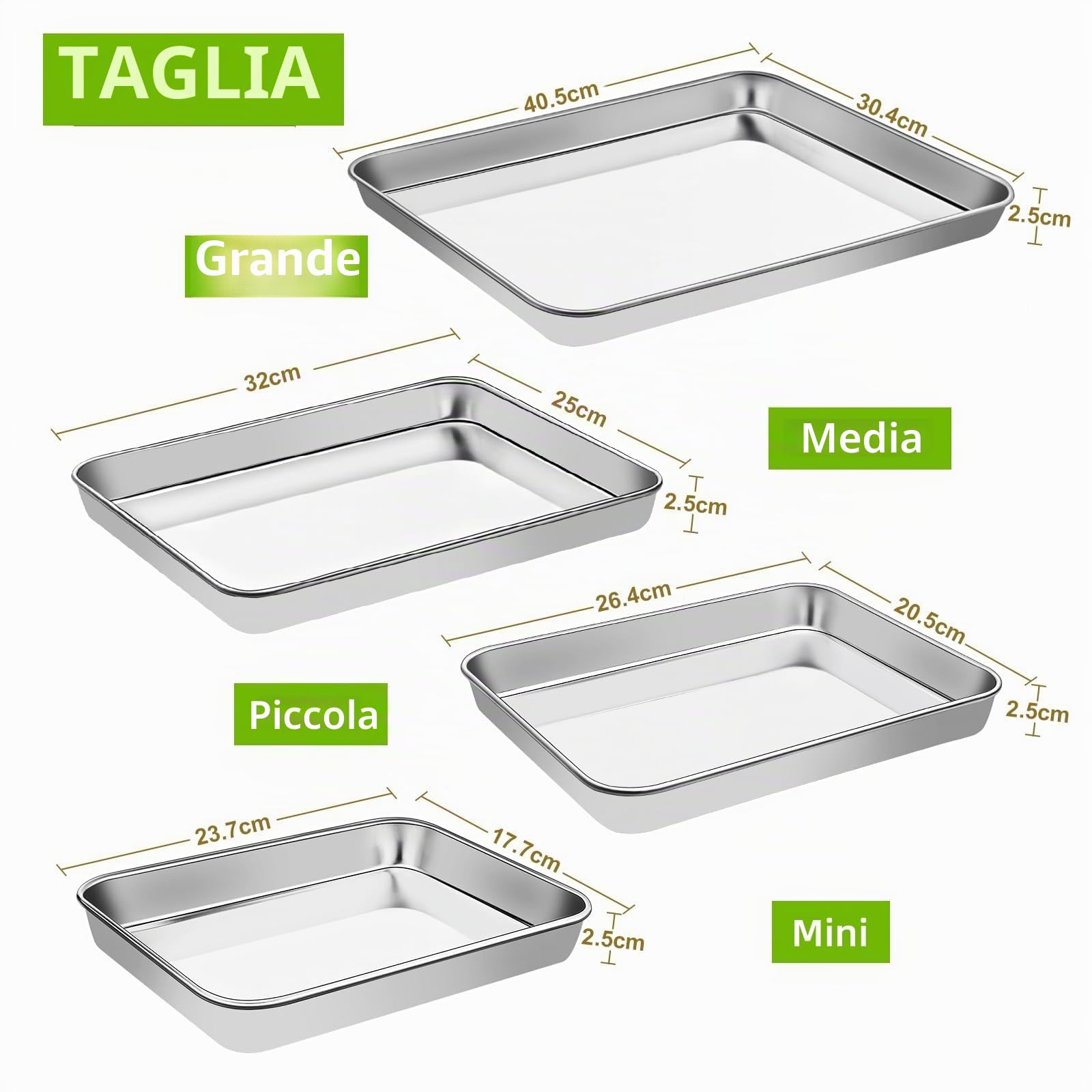 Set di 4 teglie da forno rettangolari in acciaio inox, atossiche e sane, resistenti e durevoli, rifiniti a specchio e lavabili in lavastoviglie