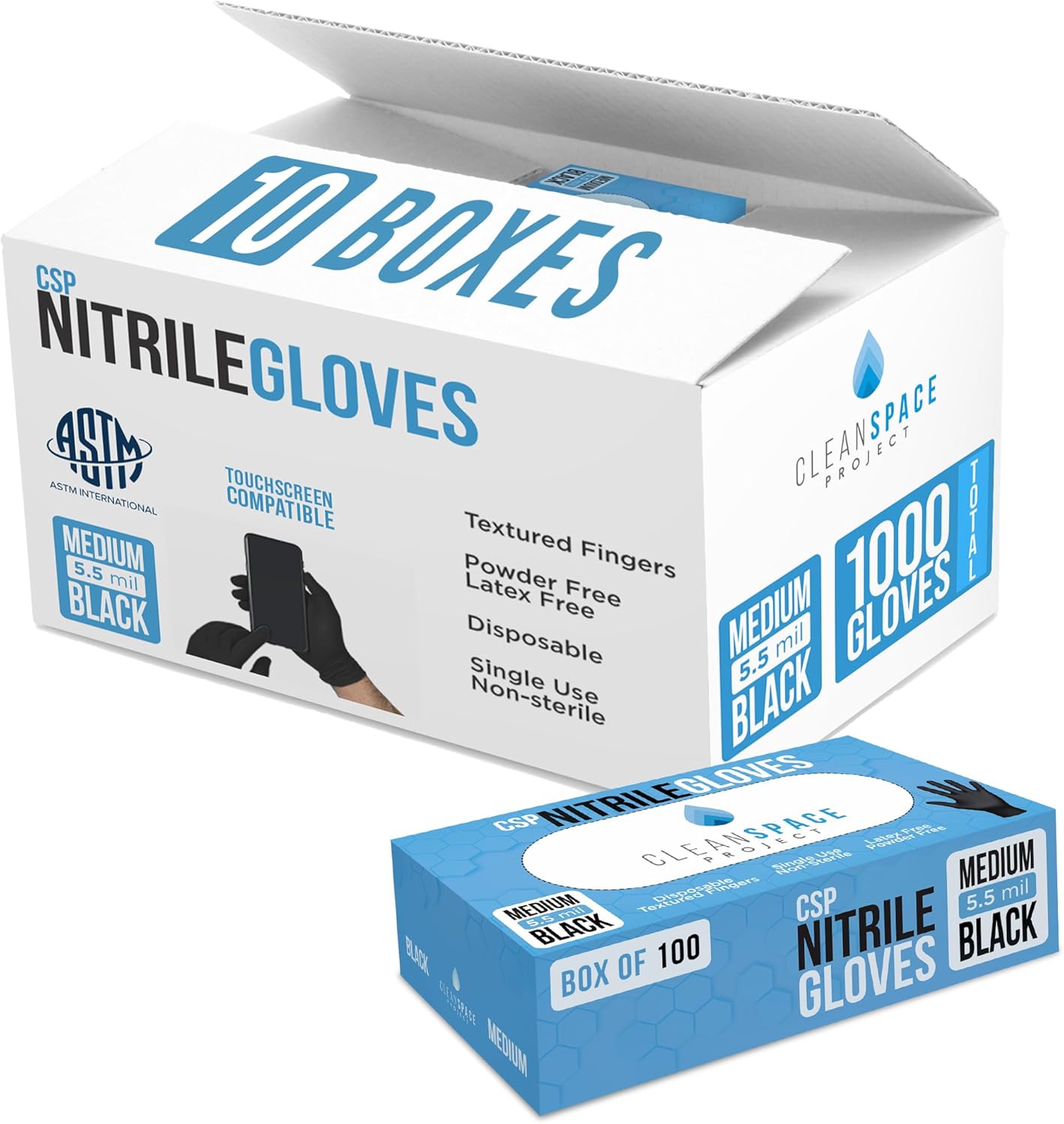 CLEAN SPACE PROJECT Nitrile Gloves - Disposable, Latex-Free, Powder-Free, Food Safe - Black Gloves for Cooking, Cleaning, Tattooing, Detailing & More (Medium, Box of 100 & Case of 1000, Bundle Pack)