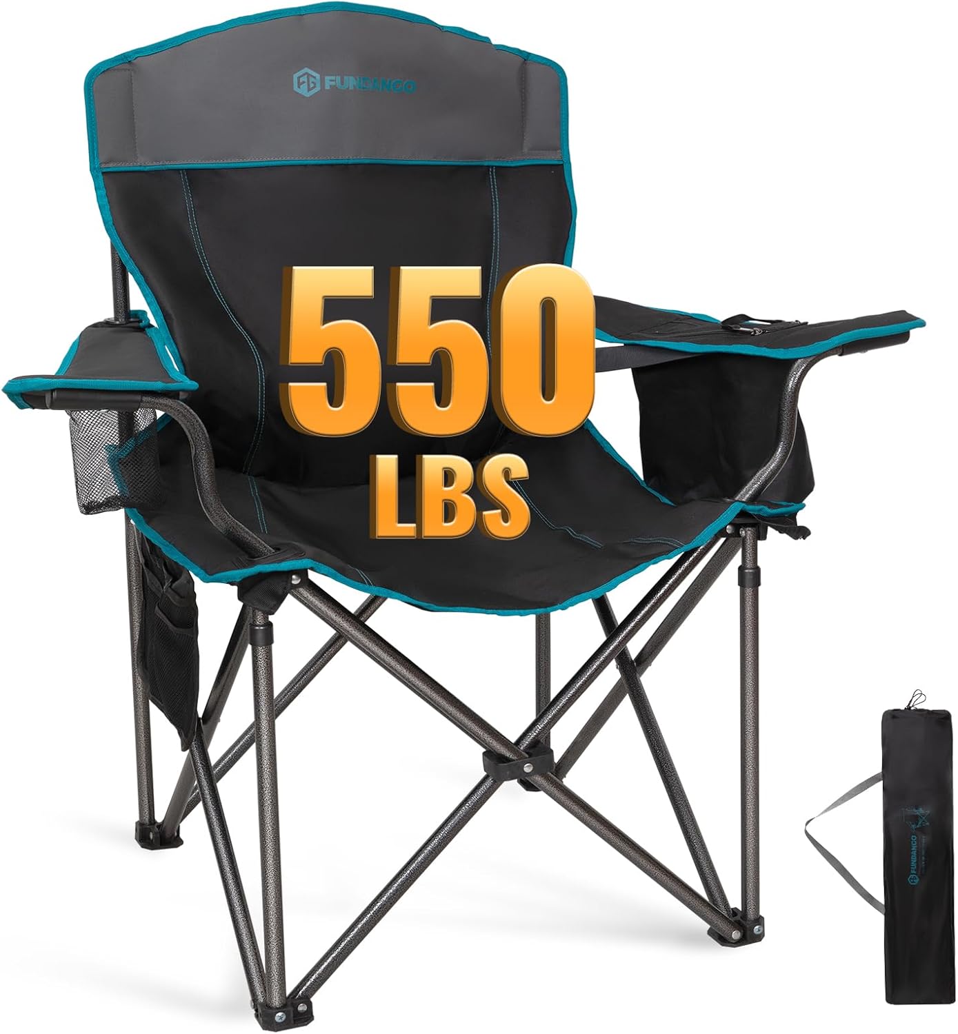 FUNDANGO Oversized Fold Camping Chair for Adults, 550 Lbs Portable Folding Beach Fishing Lawn Chair with Cushion seat & Back, 4-can Cooler&Cup Holder, Carry Bag Included for Outdoor (Black/Grey) LumbarComfort Ultimate Wide 1 Pack Black Grey