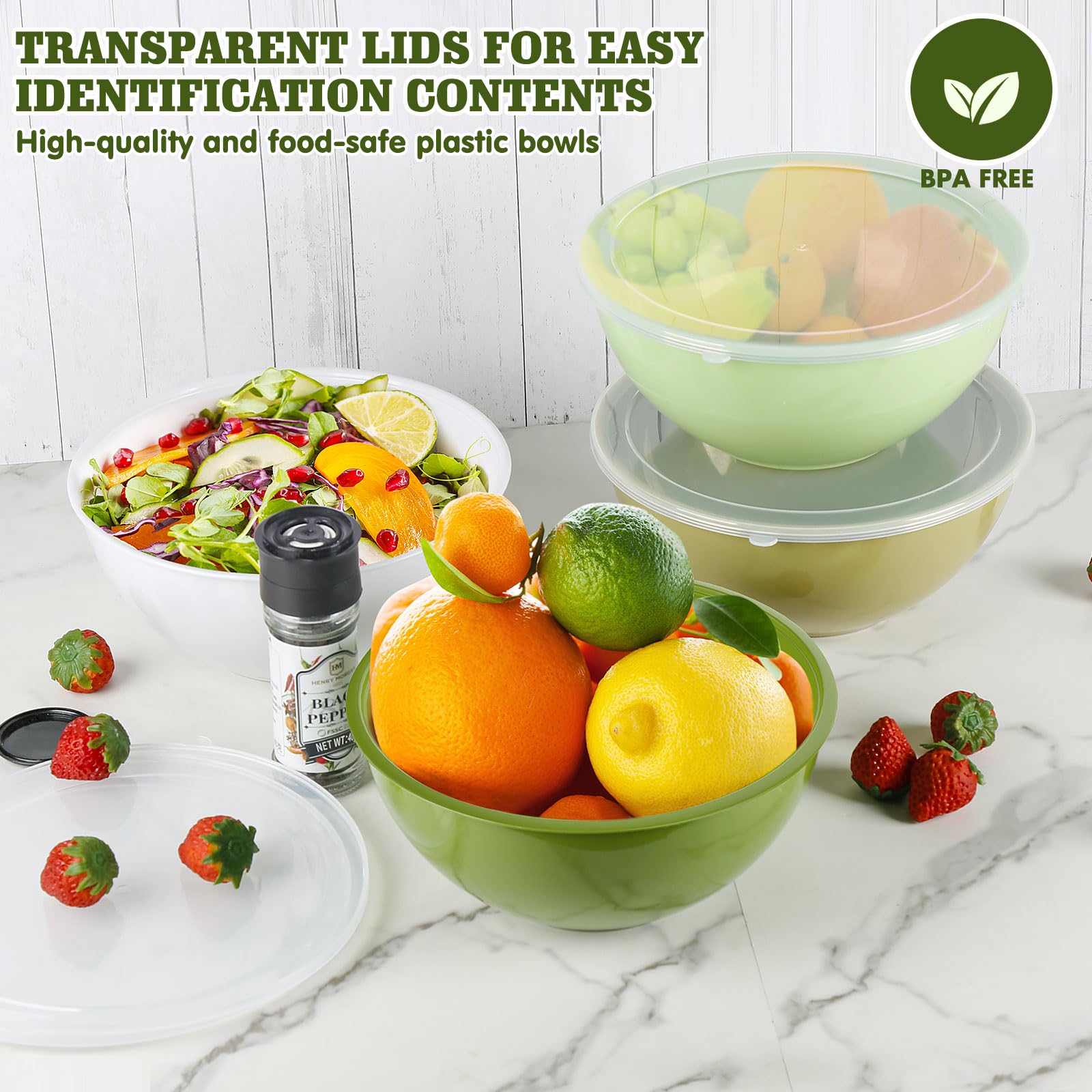 Greentainer Salatschüssel Set mit Deckel,4-teiliges 2L Rührschüssel aus Kunststoff, Stapelbare Mixing Bowl für Küche,Große Schüssel Set,Servierschüssel ideal zum Mischen und Servieren,Plastikschüssel
