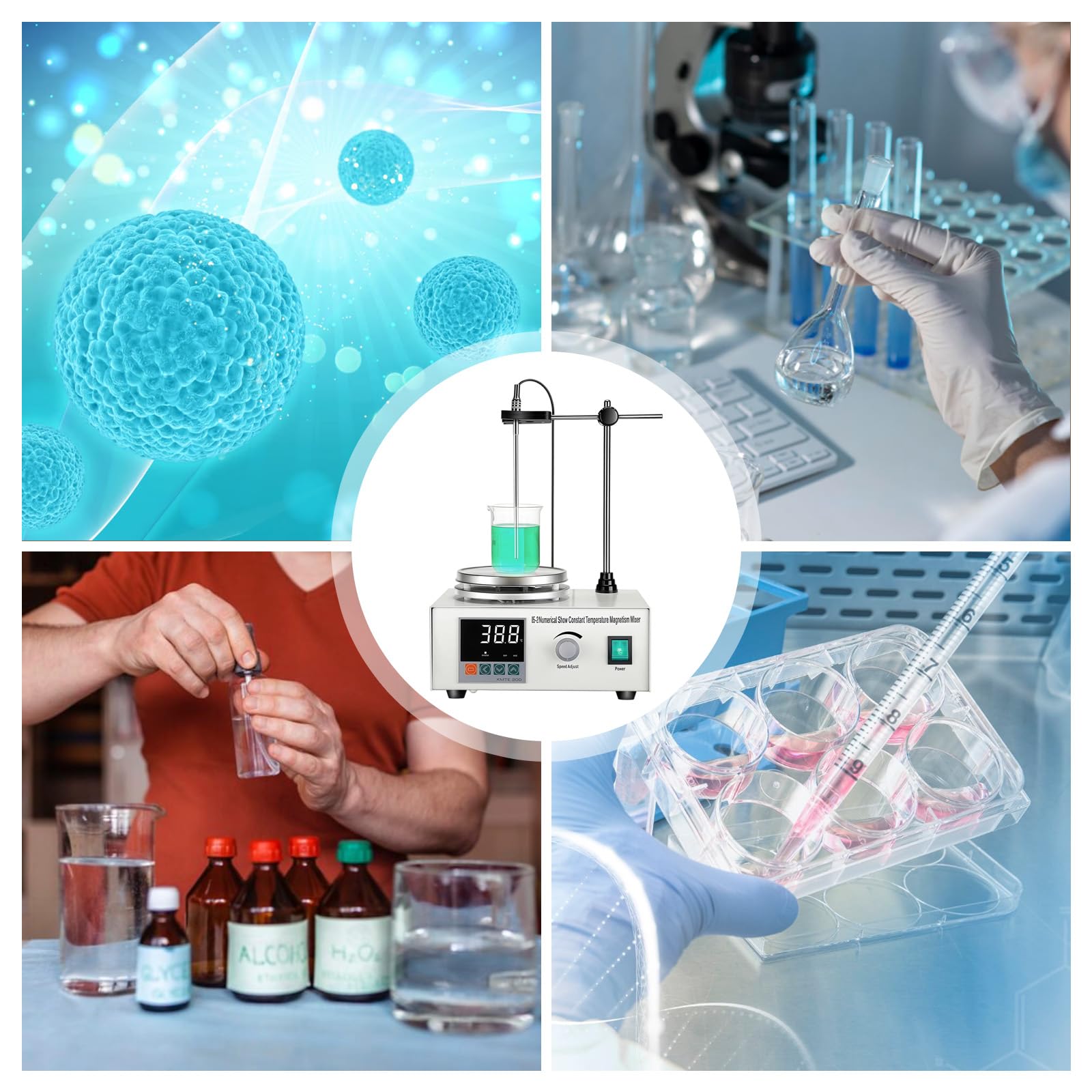 Agitatore magnetico con piastra riscaldante, 250 W, con regolatore di velocità continuo da 0 a 2200 giri/min, display digitale, magnetic Stirrer con 6 bastoncini magnetici per laboratori