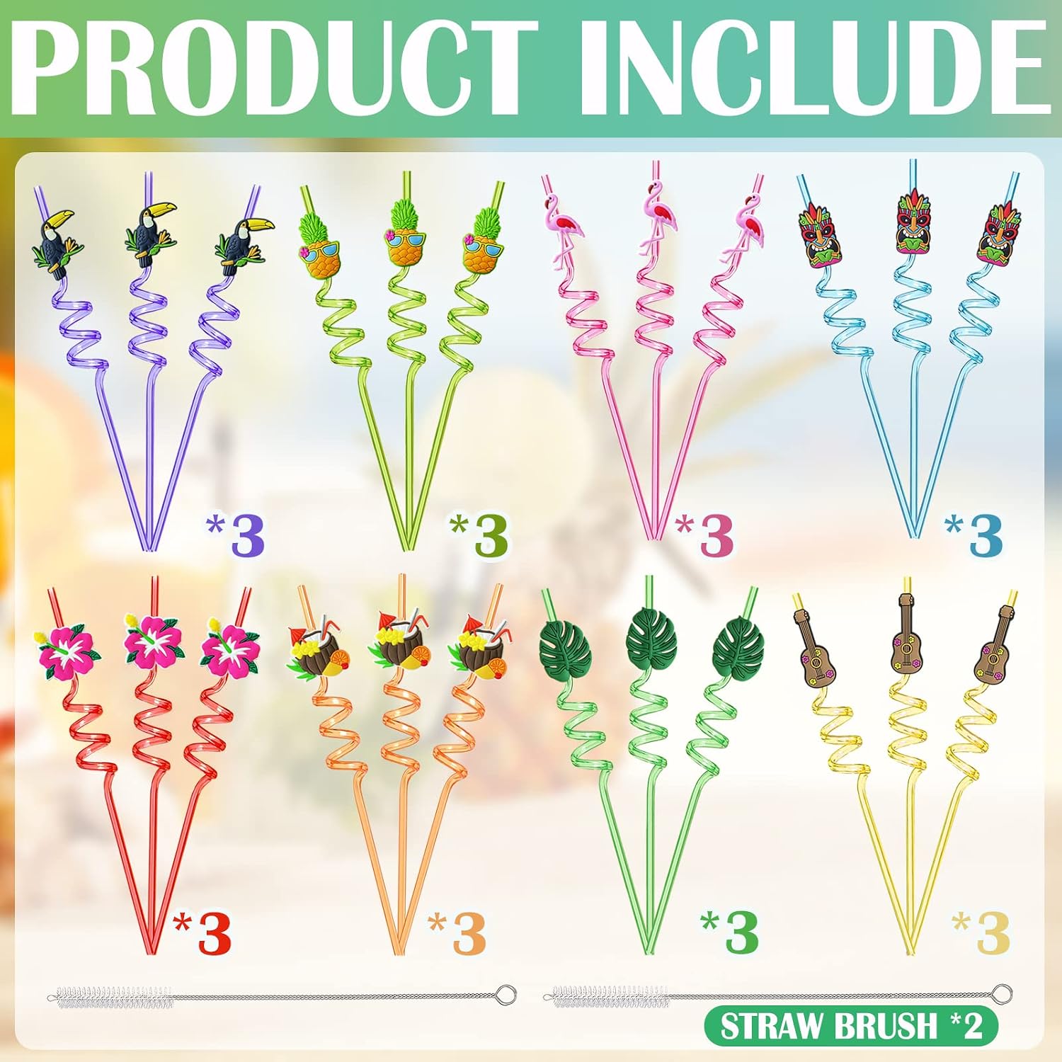 24 Pcs Hawaiian Luau Reusable Plastic Party Drinking Straws