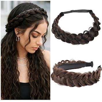 2Pcs Braided Headbands for Women Elastic Stretch Hair Band Synthetic Hair Hoops Chunky Fishtail Braided Hairpiece Wide Headwrap Dark Brown