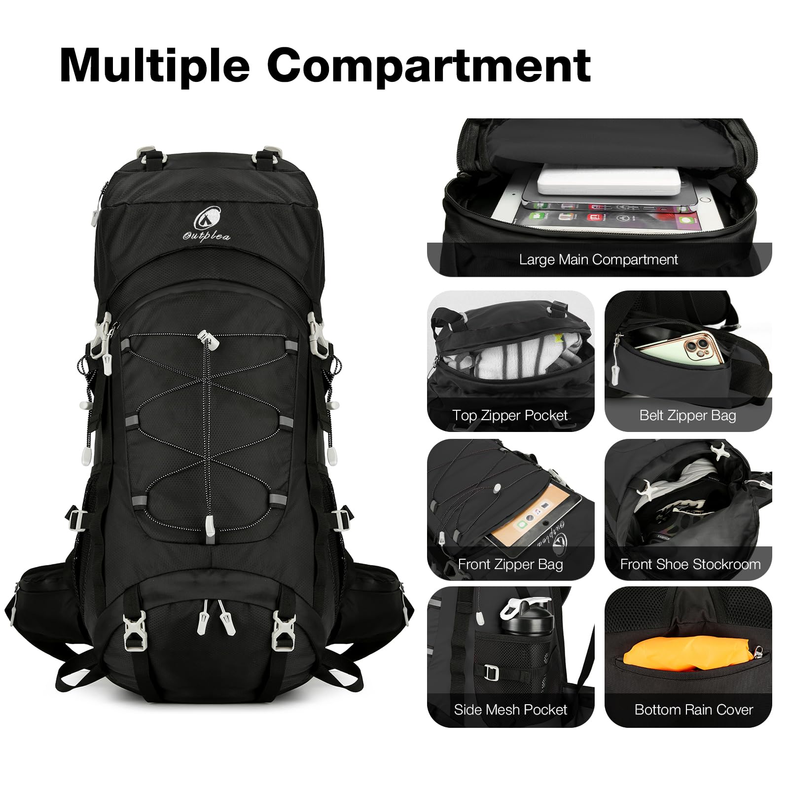 60L Wanderrucksack Herren Damen, Wasserdicht Bequem Trekkingrucksack mit Hüftgurt, Groß Backpacking Rucksack für Outdoor Camping Reise, Schwarz