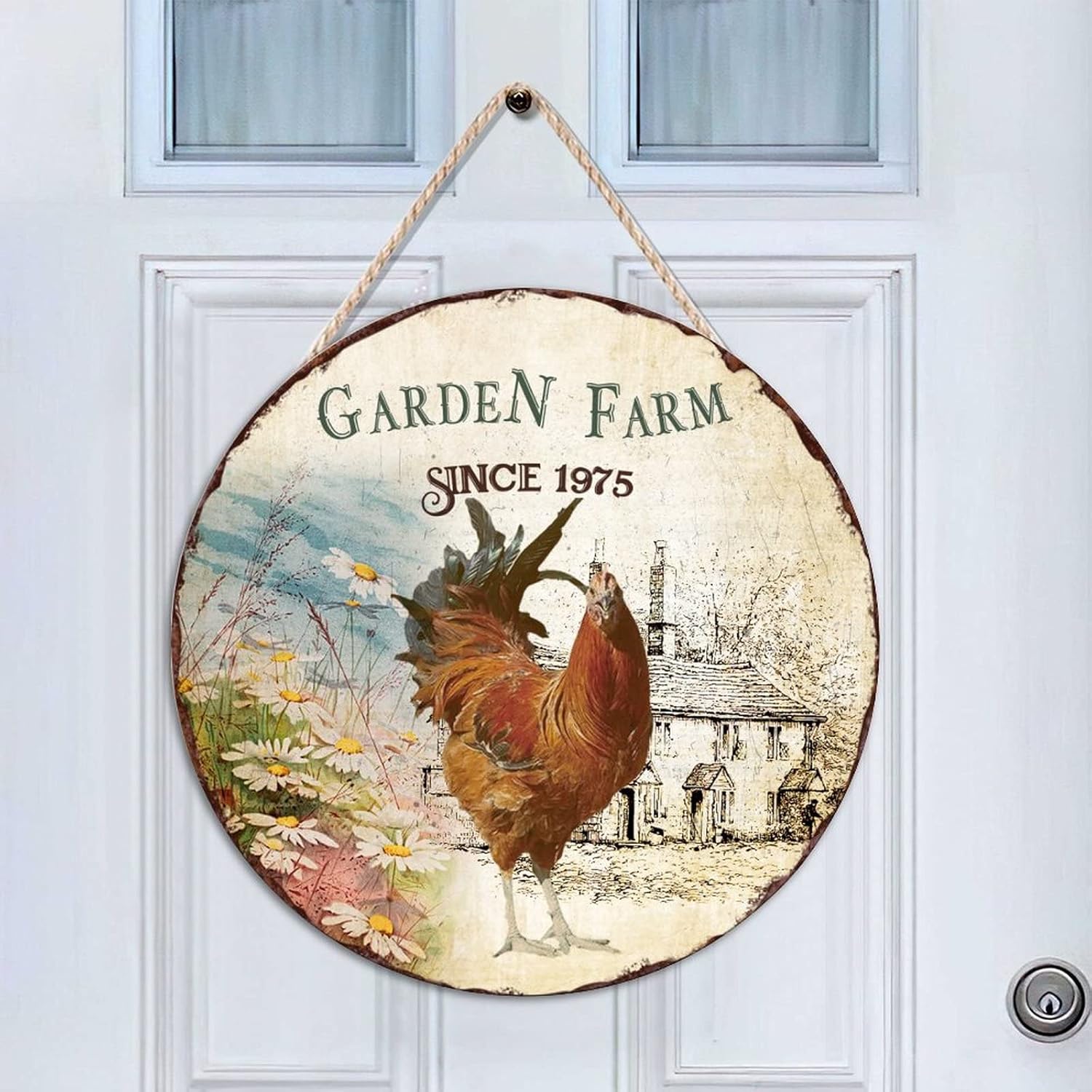 Garden Farm Since 1975 Wood Door Sign, Custom Animal Front Door Sign, 16x16in Art Font Wall Hanging Sign Plaque for Front Door Farmhouse Porch Housewarming Gifts