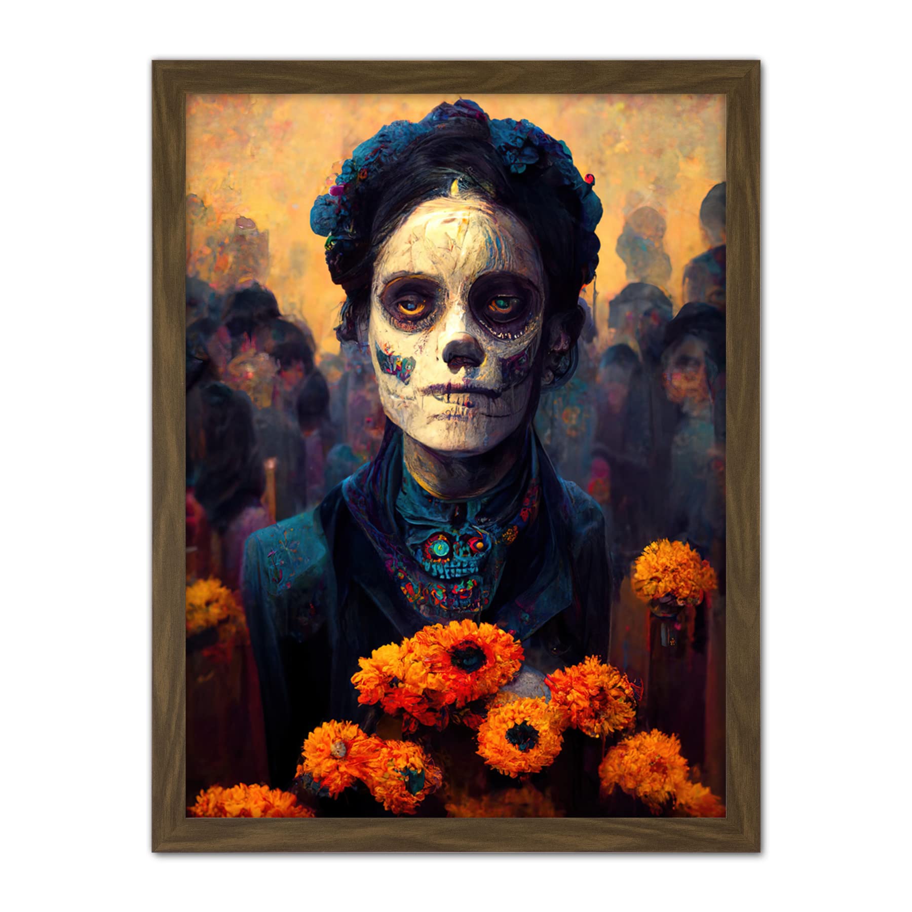 Day Of Dead Skull Marigold Flowers Artwork Framed Wall Art Print 18X24 Inch